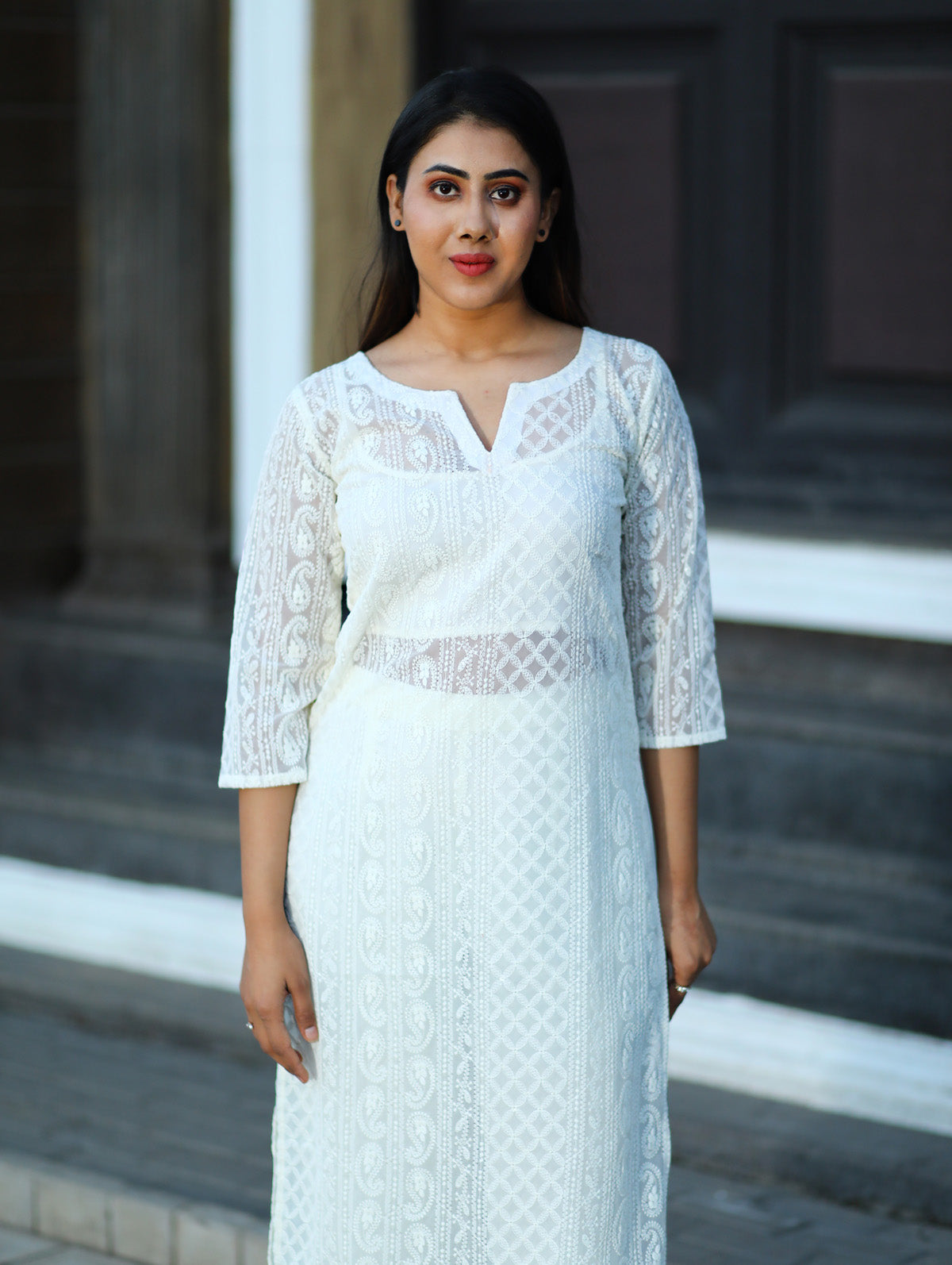 Off White Chikankari Work Kurti