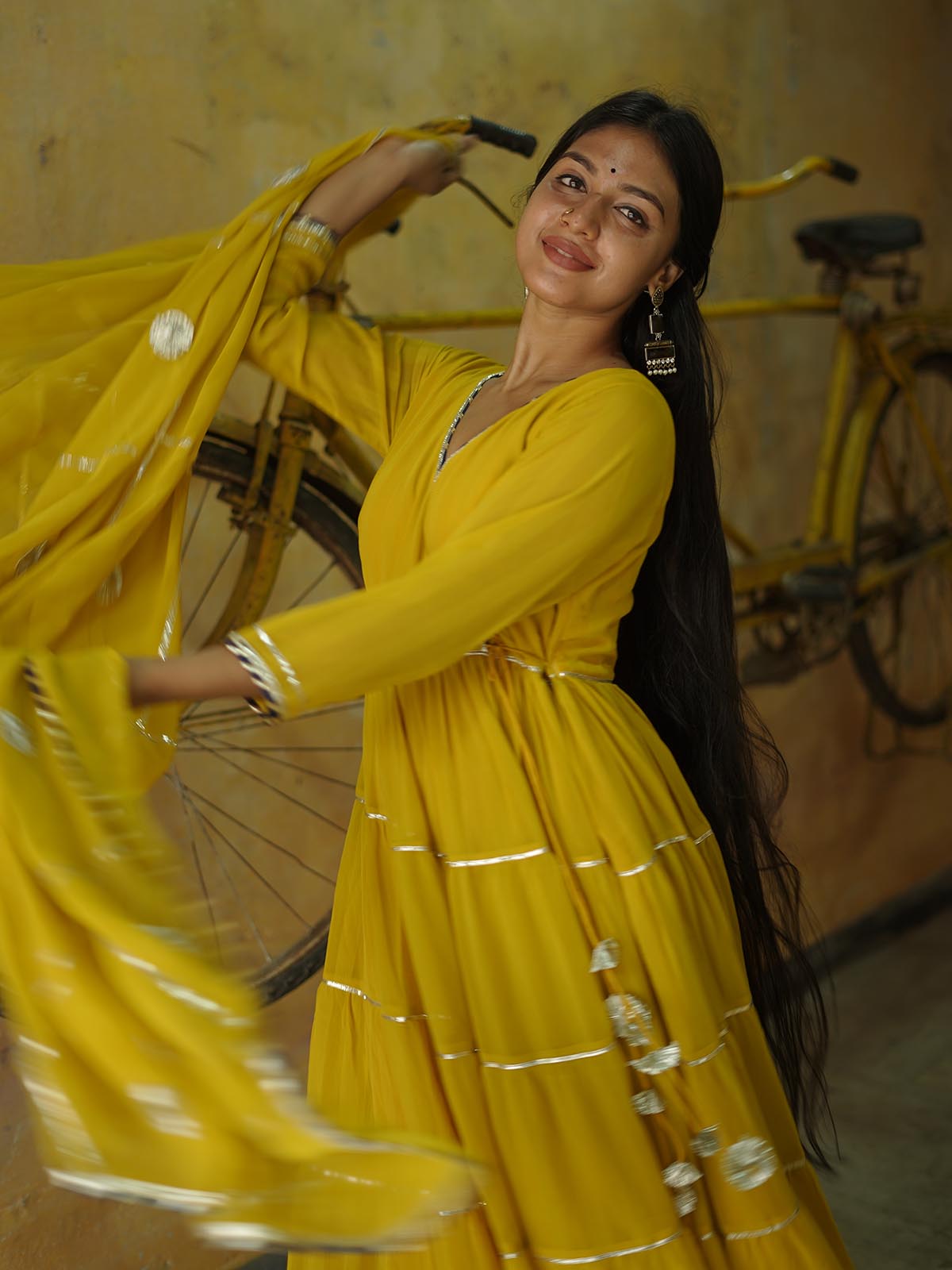 Mustard yellow gotta work anarkali set