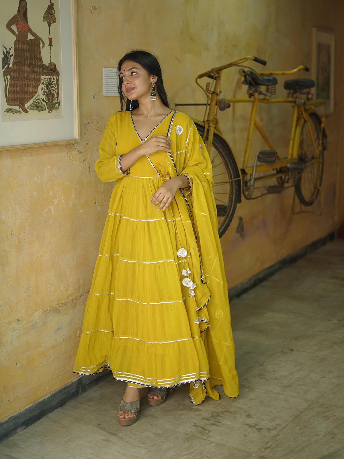 Mustard yellow gotta work anarkali set