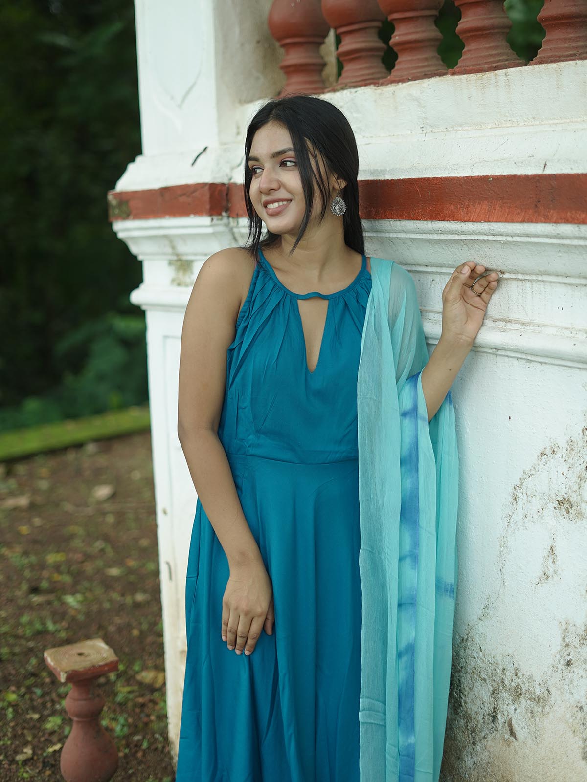 Surkh Teal Blue Rayon Gown Set