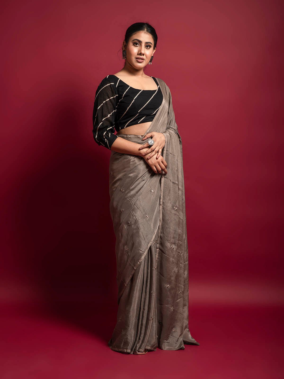 Greyish brown chiffon Saree
