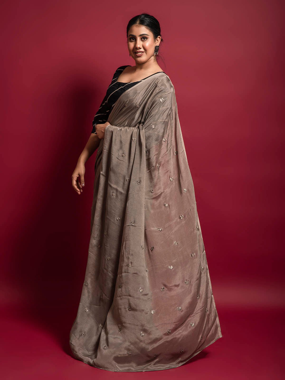 Greyish brown chiffon Saree