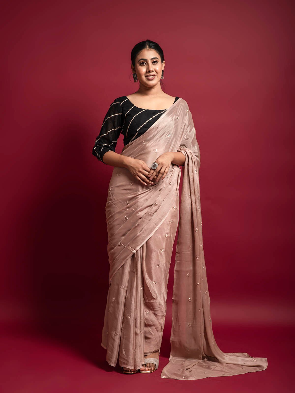 Vintage Vibes Nude Pink Chiffon Saree