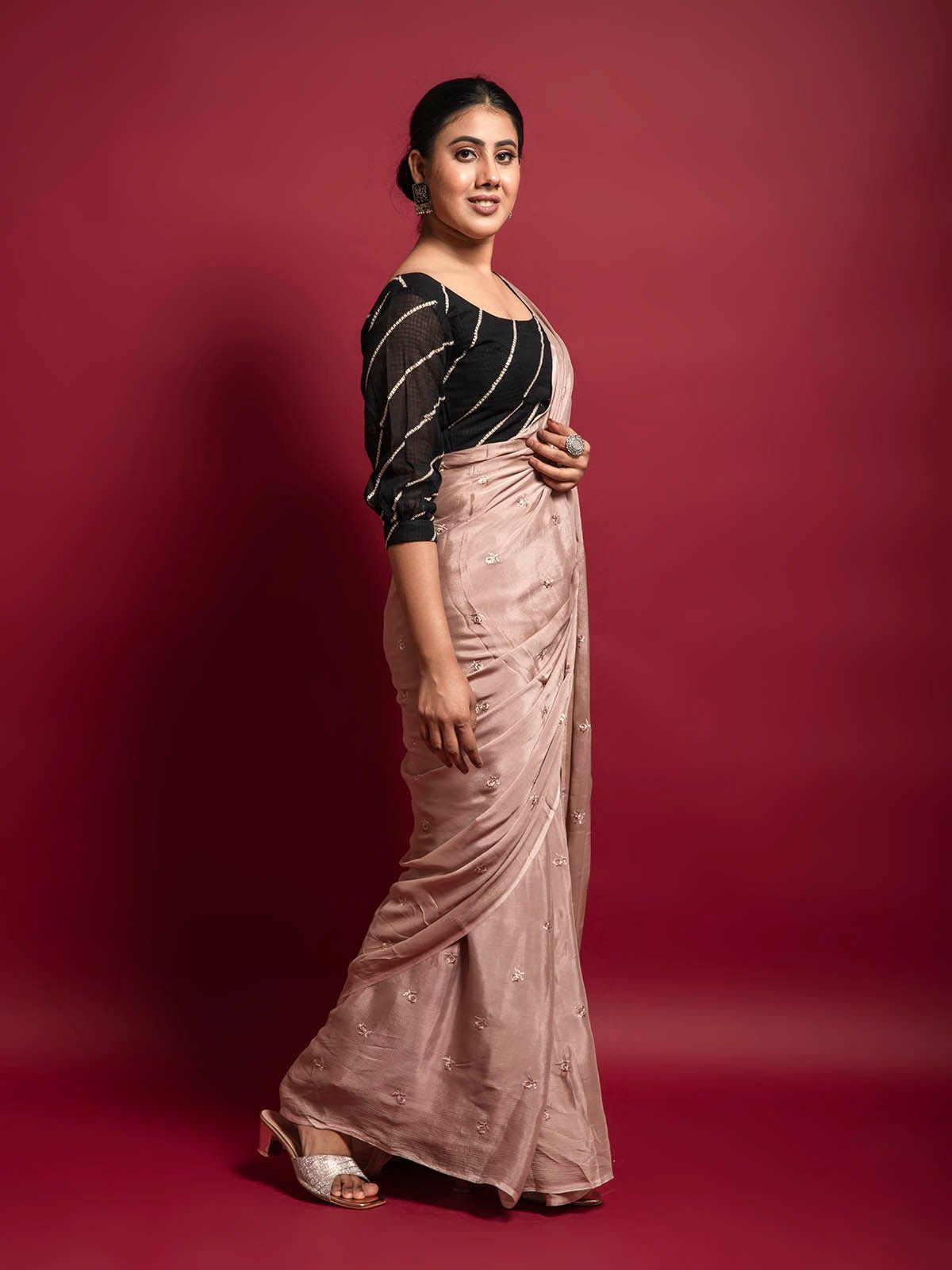 Vintage Vibes Nude Pink Chiffon Saree
