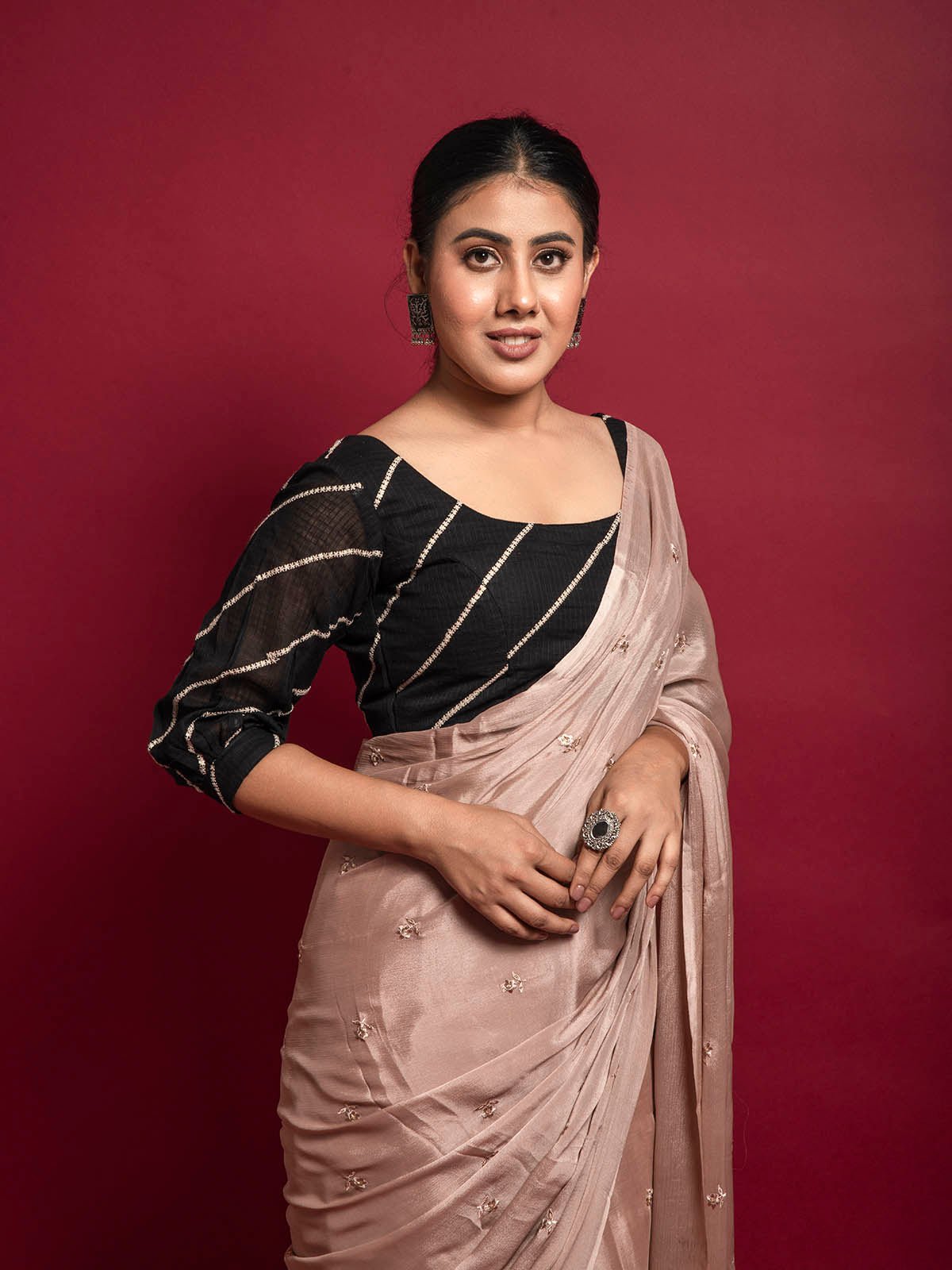 Vintage Vibes Nude Pink Chiffon Saree