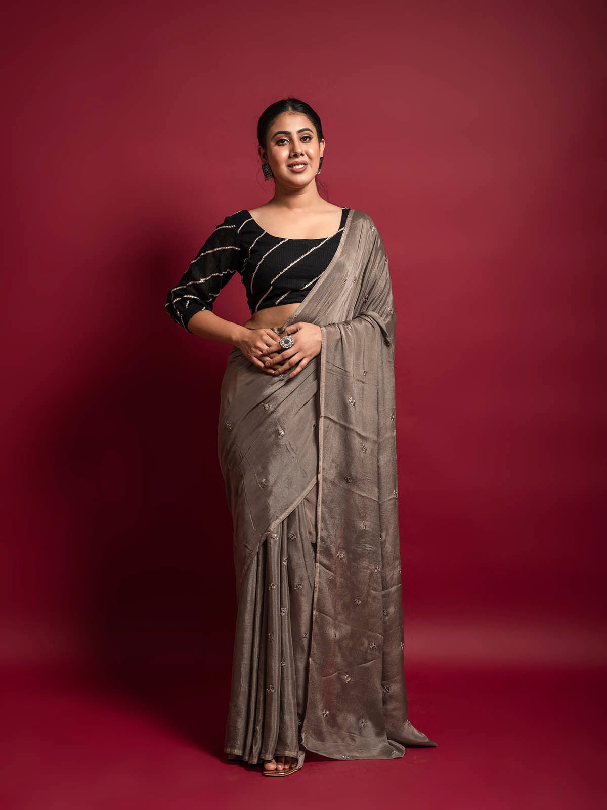 Greyish Brown Chinon Chiffon Saree with black blouse