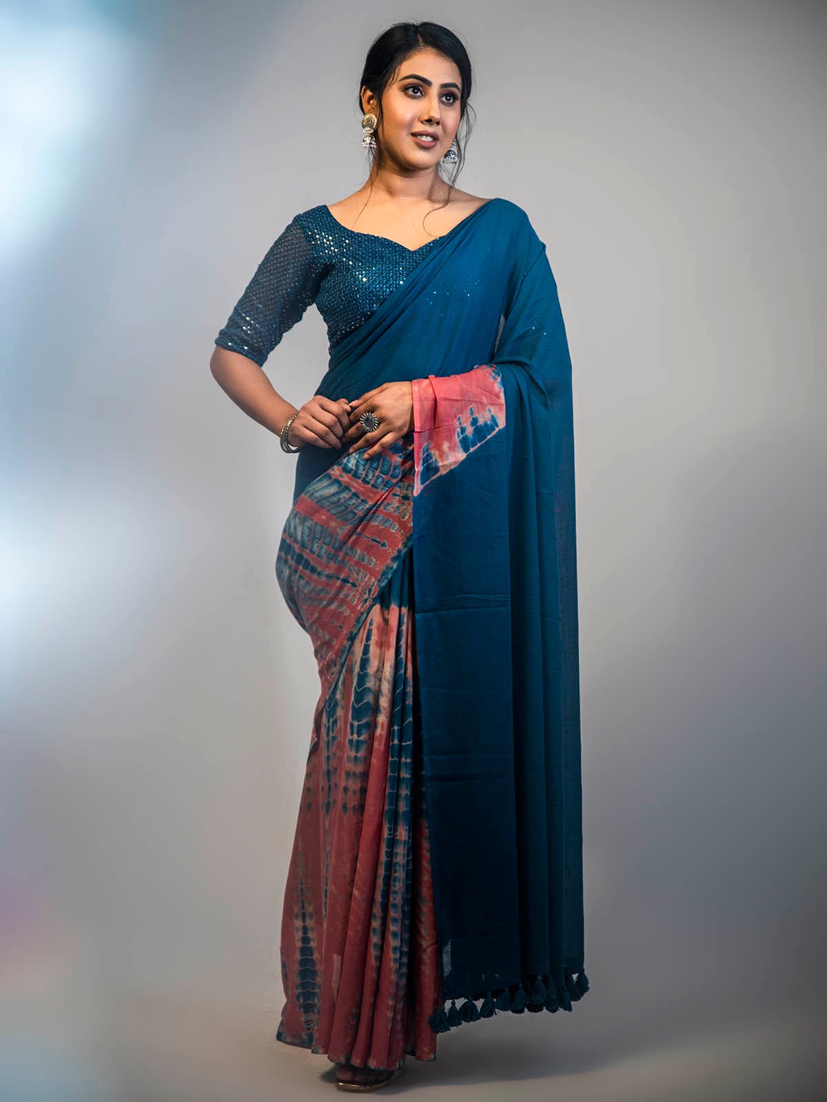 Multi-color mulmul cotton saree with matching blouse piece