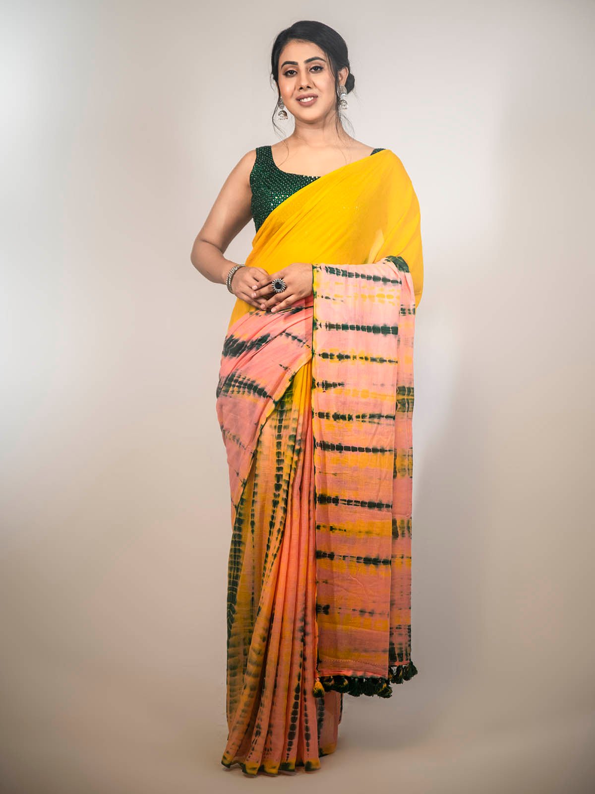 Multi-color mulmul cotton saree with matching blouse piece