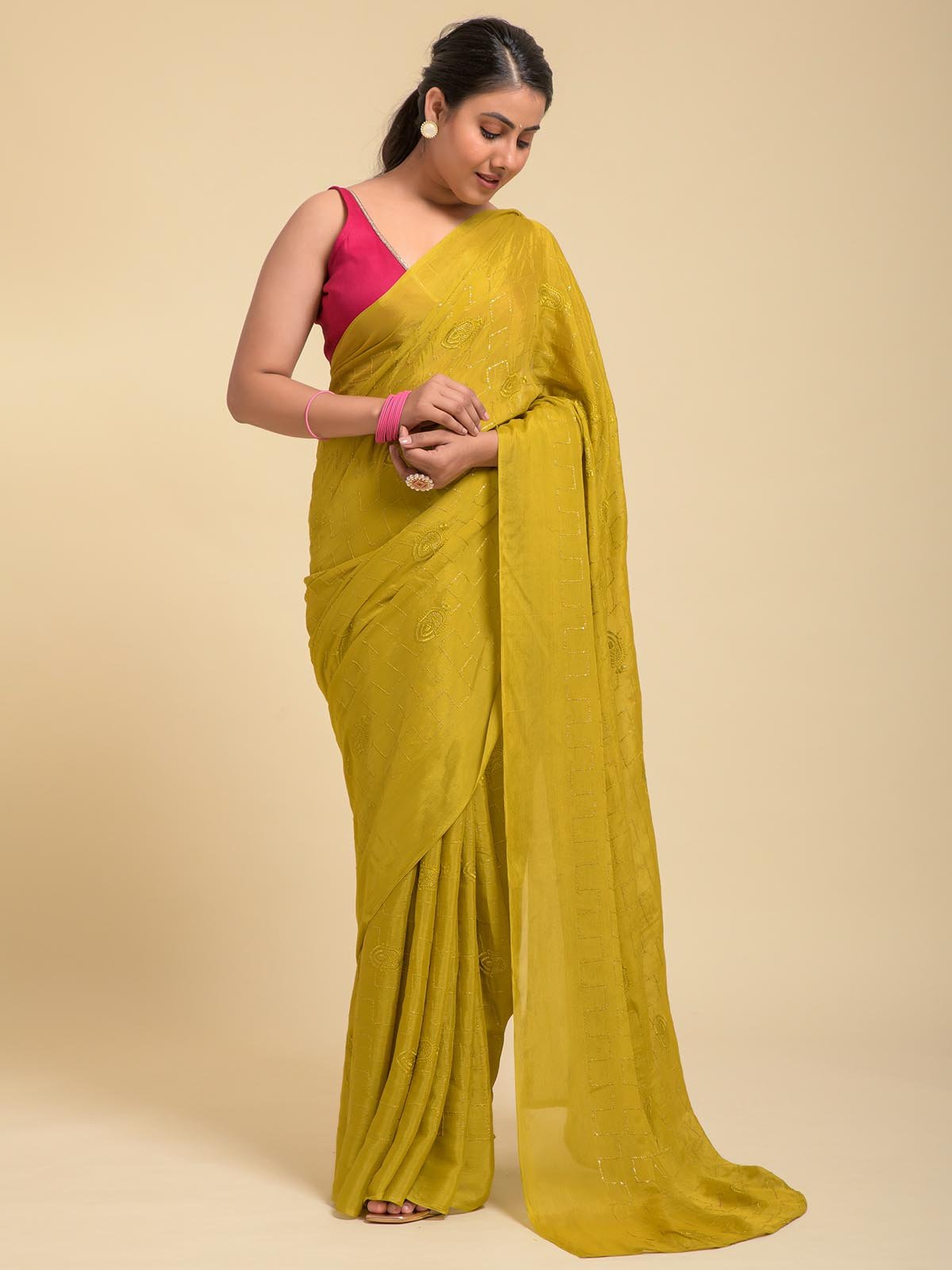 Mustard viscose georgette saree with tar zari work and red satin blouse piece