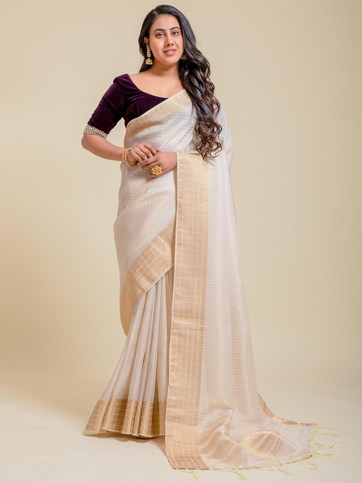 Off-white Chanderi cotton saree with zari work and running blouse piece