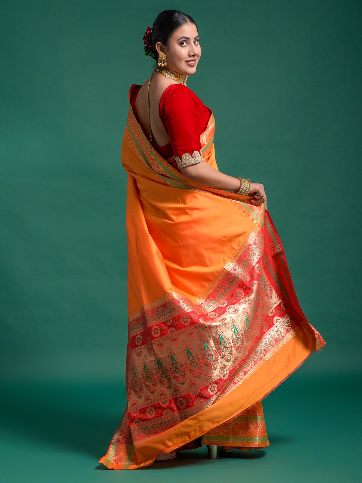 Orange Silk Saree with Zari Work and Matching Running Blouse Piece – Elegant Party & Festive Wear