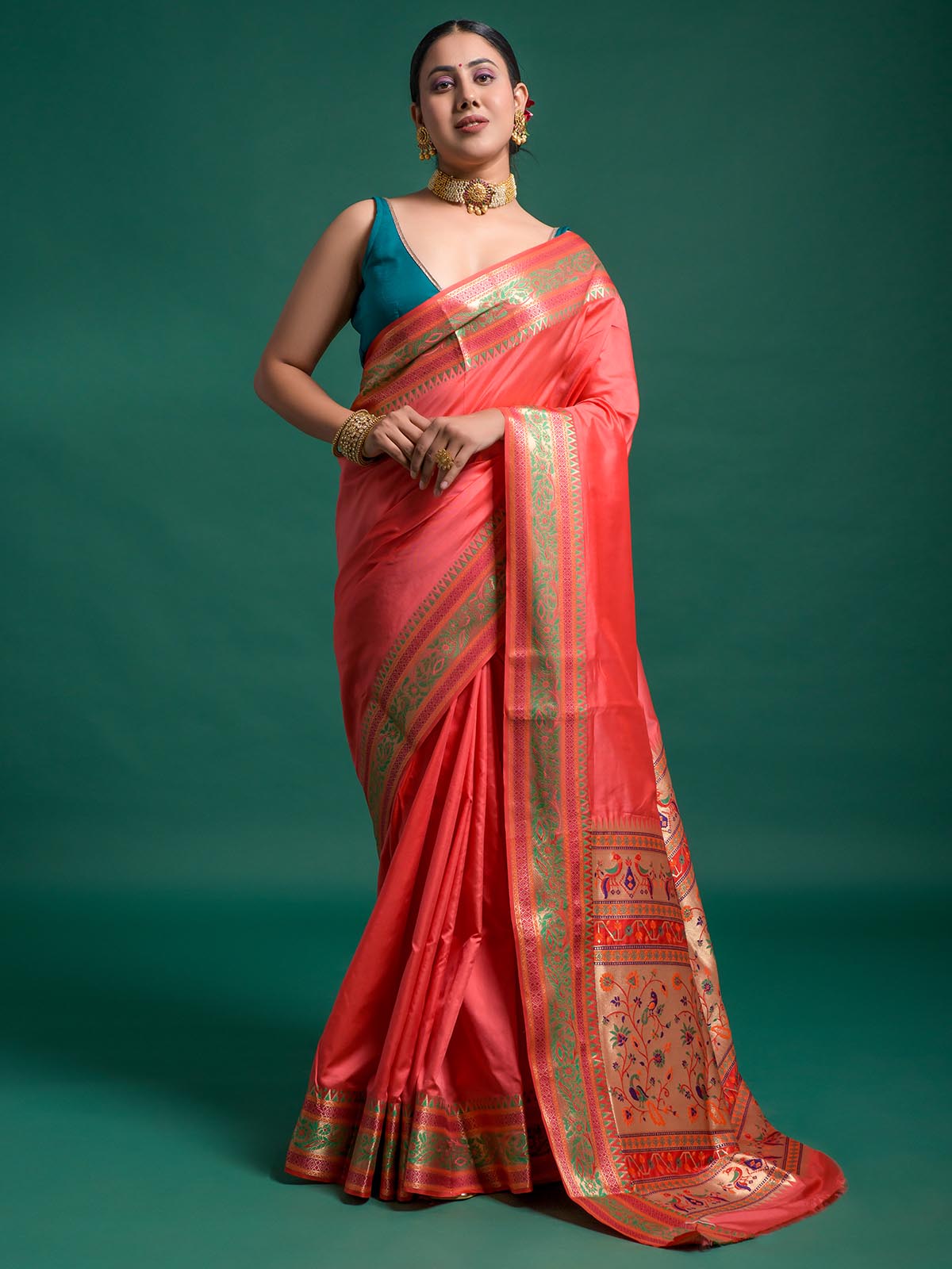Peach Silk Saree with Zari Work and Matching Running Blouse Piece – Elegant Party & Festive Wear