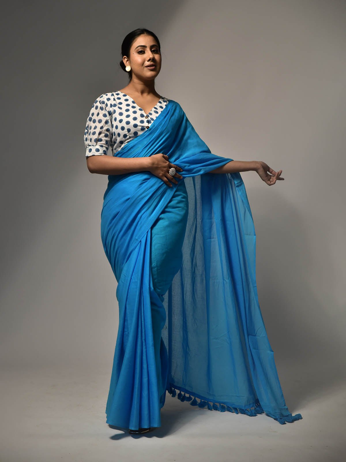 Sky Blue MulMul Cotton Saree with matching blouse piece