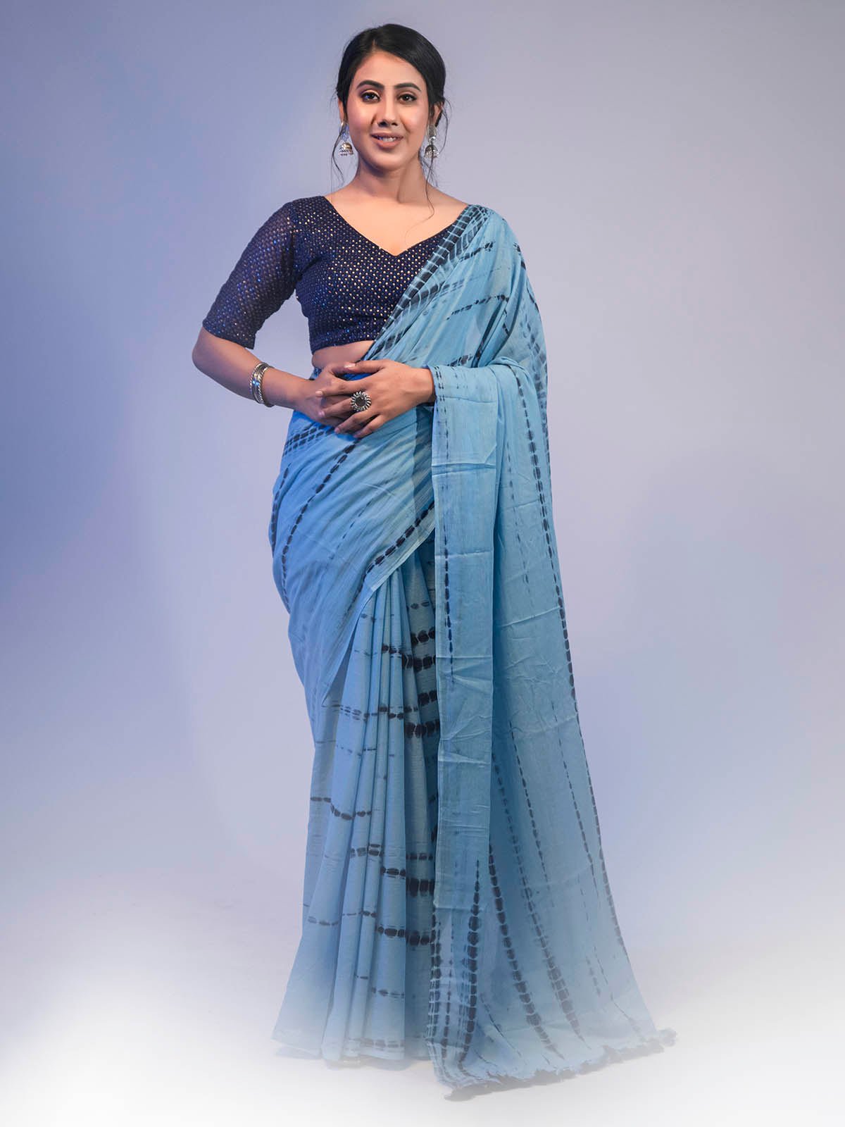 Sky blue shibori mulmul cotton saree with matching blouse piece