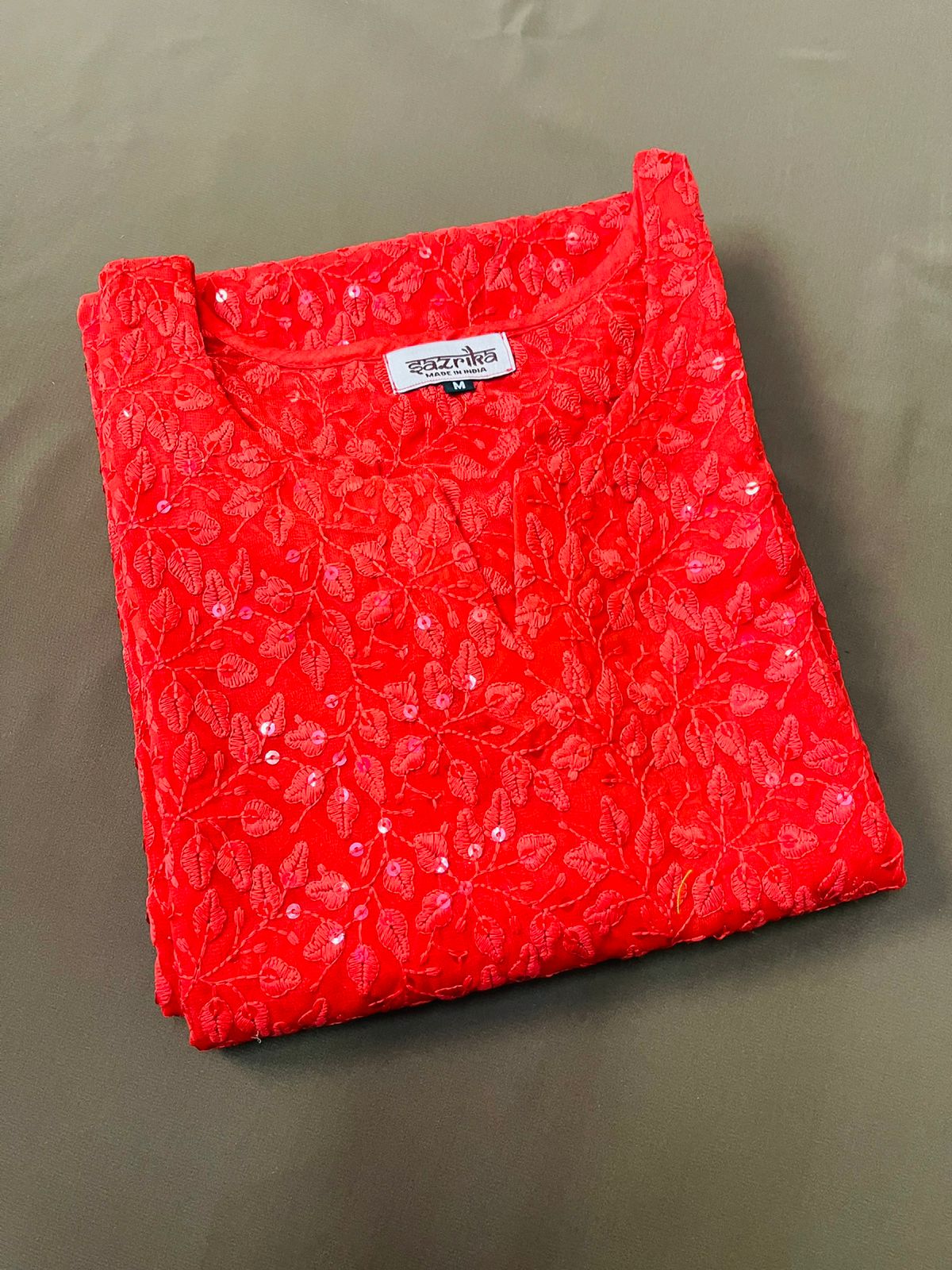 Red Petal Print Chikankari Kurti