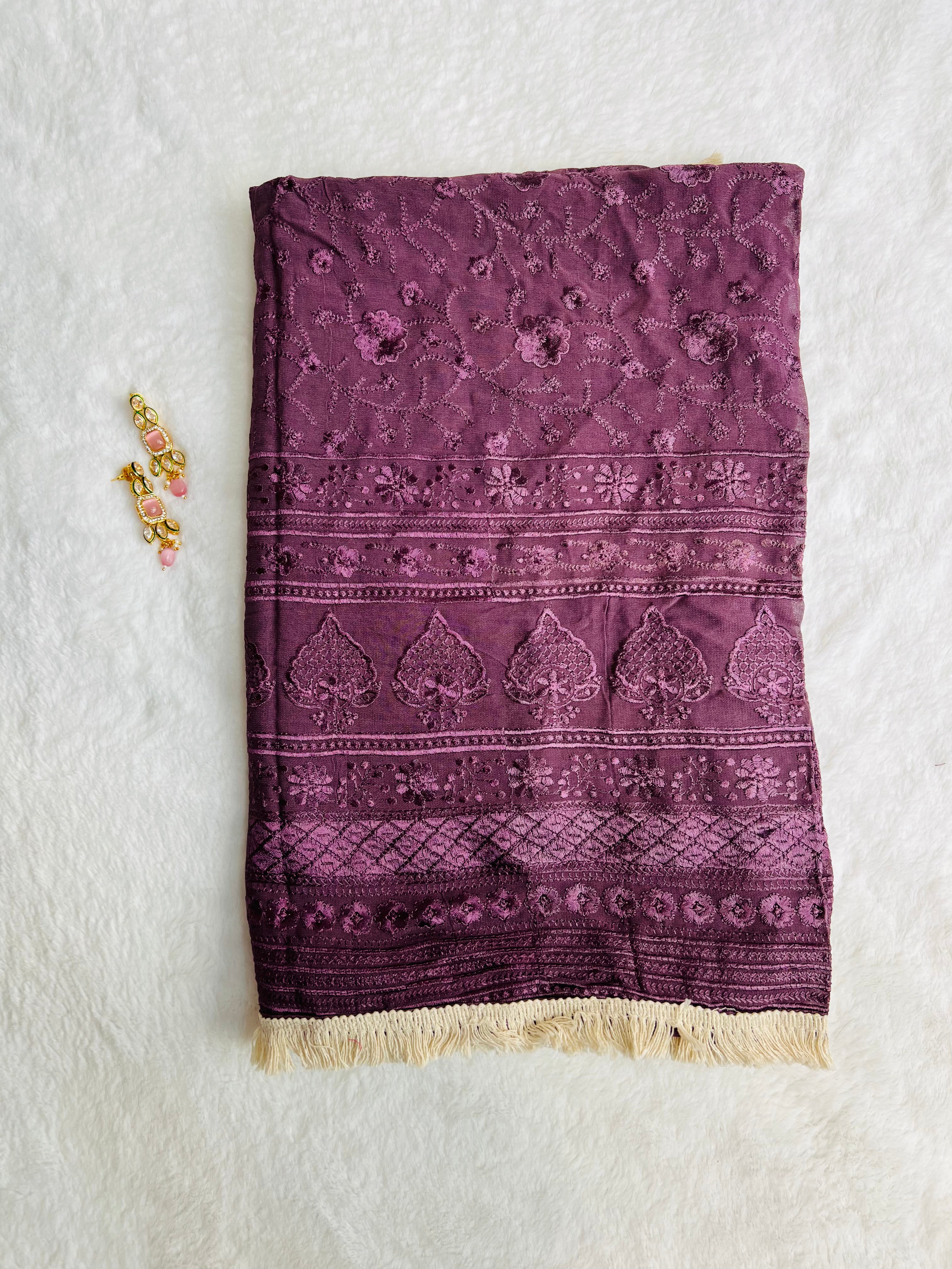 Purple machine embroidered duppatta