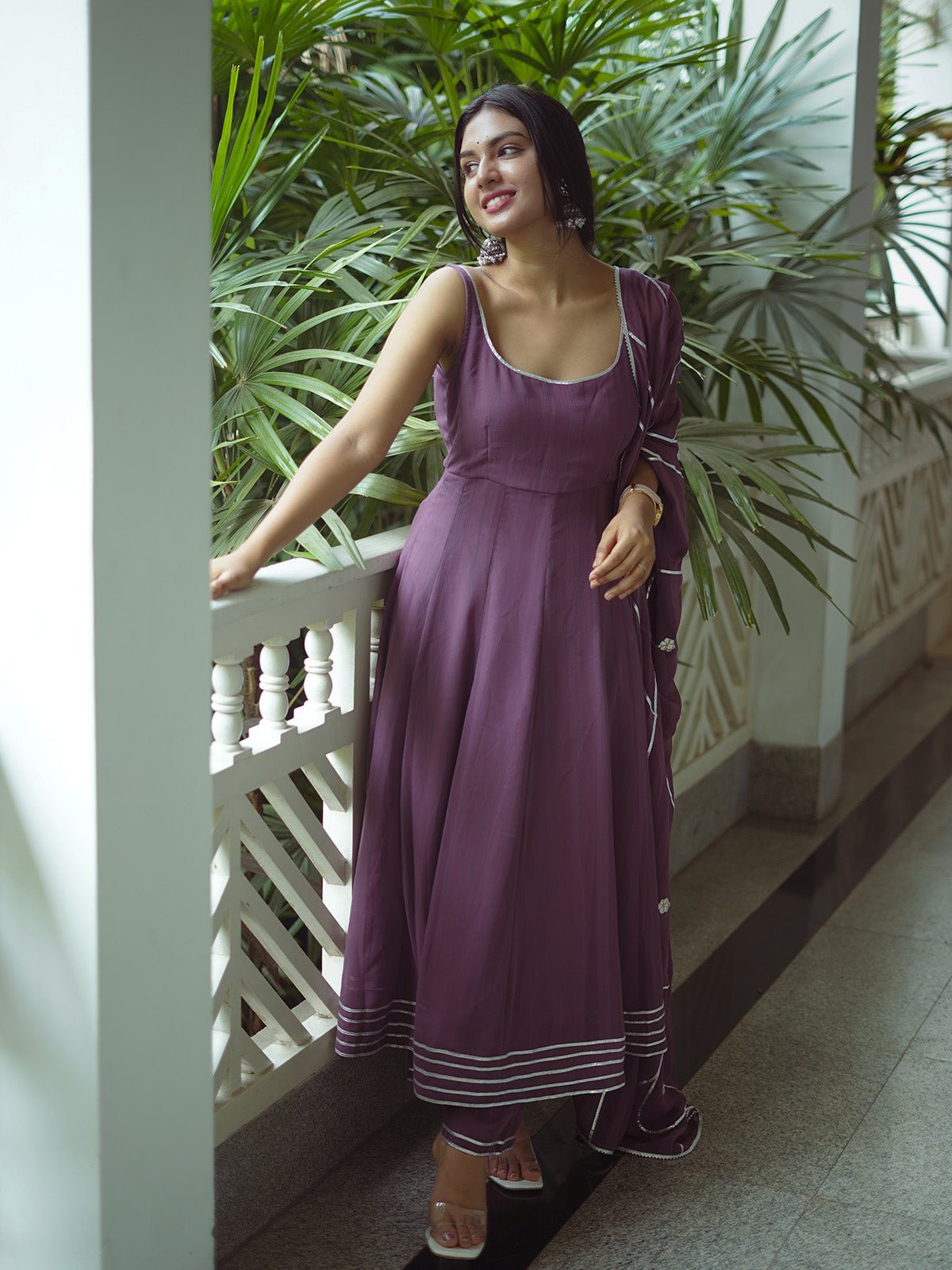 Wine Harmony Anarkali Set With Duppatta