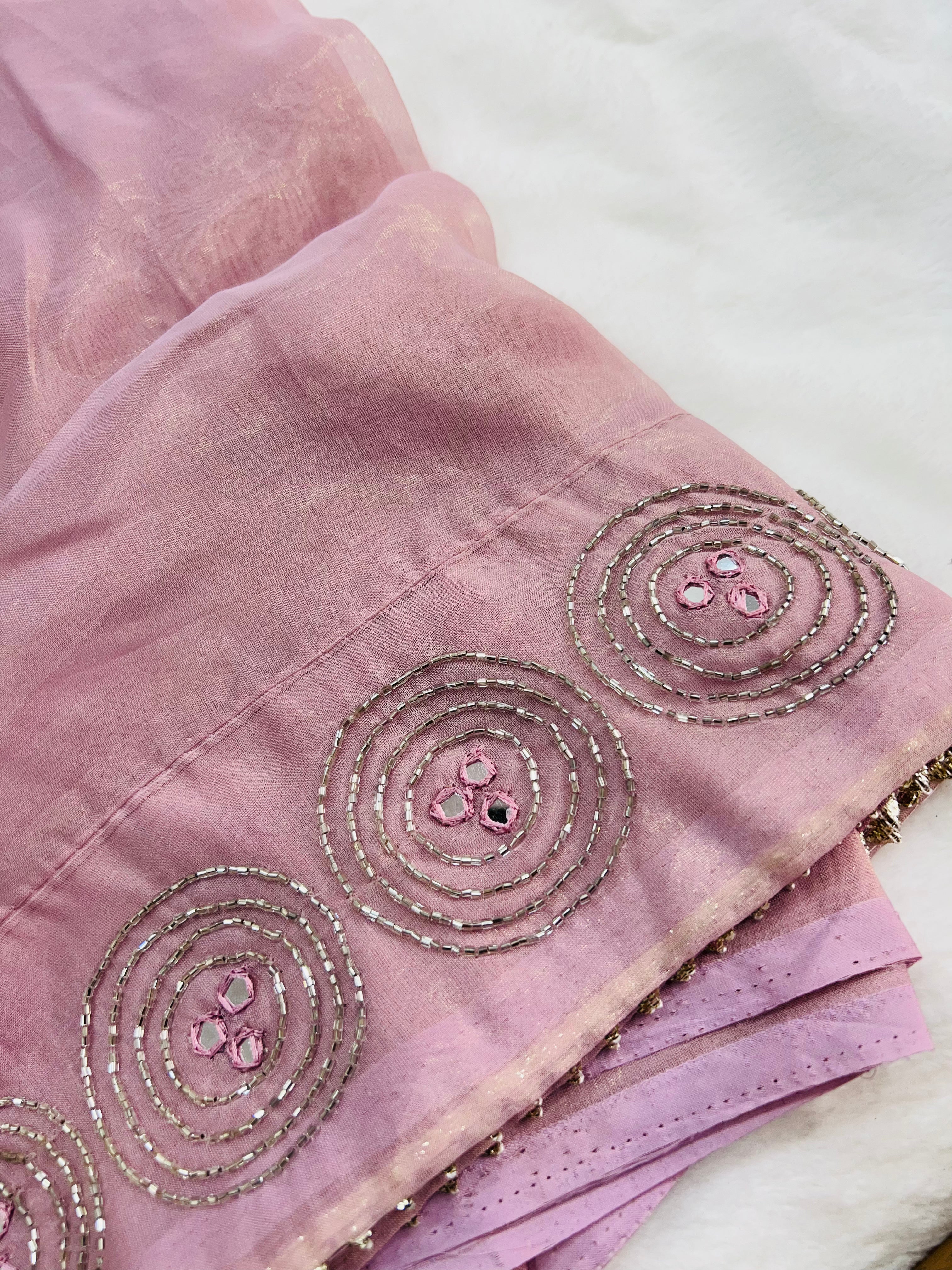 Baby pink organza handwork saree