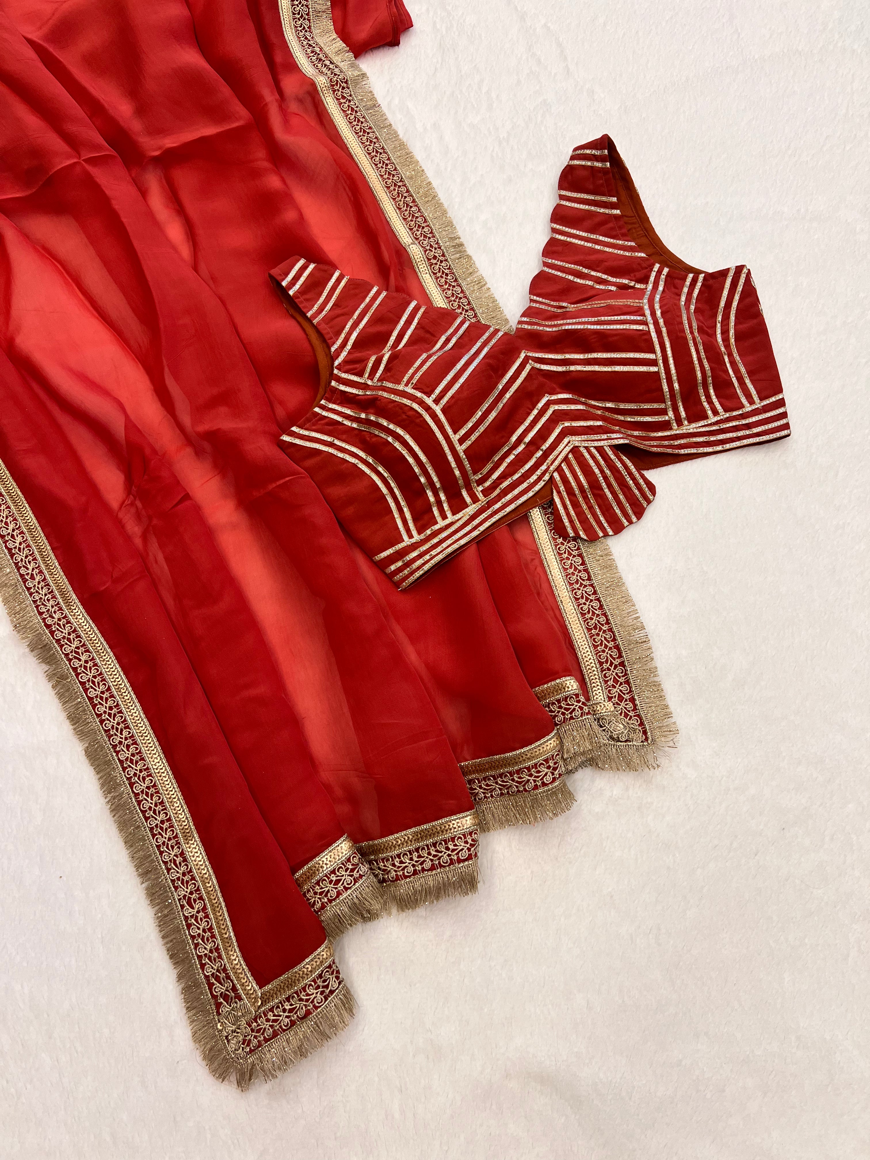 Gulnar Coral Red Organza Saree