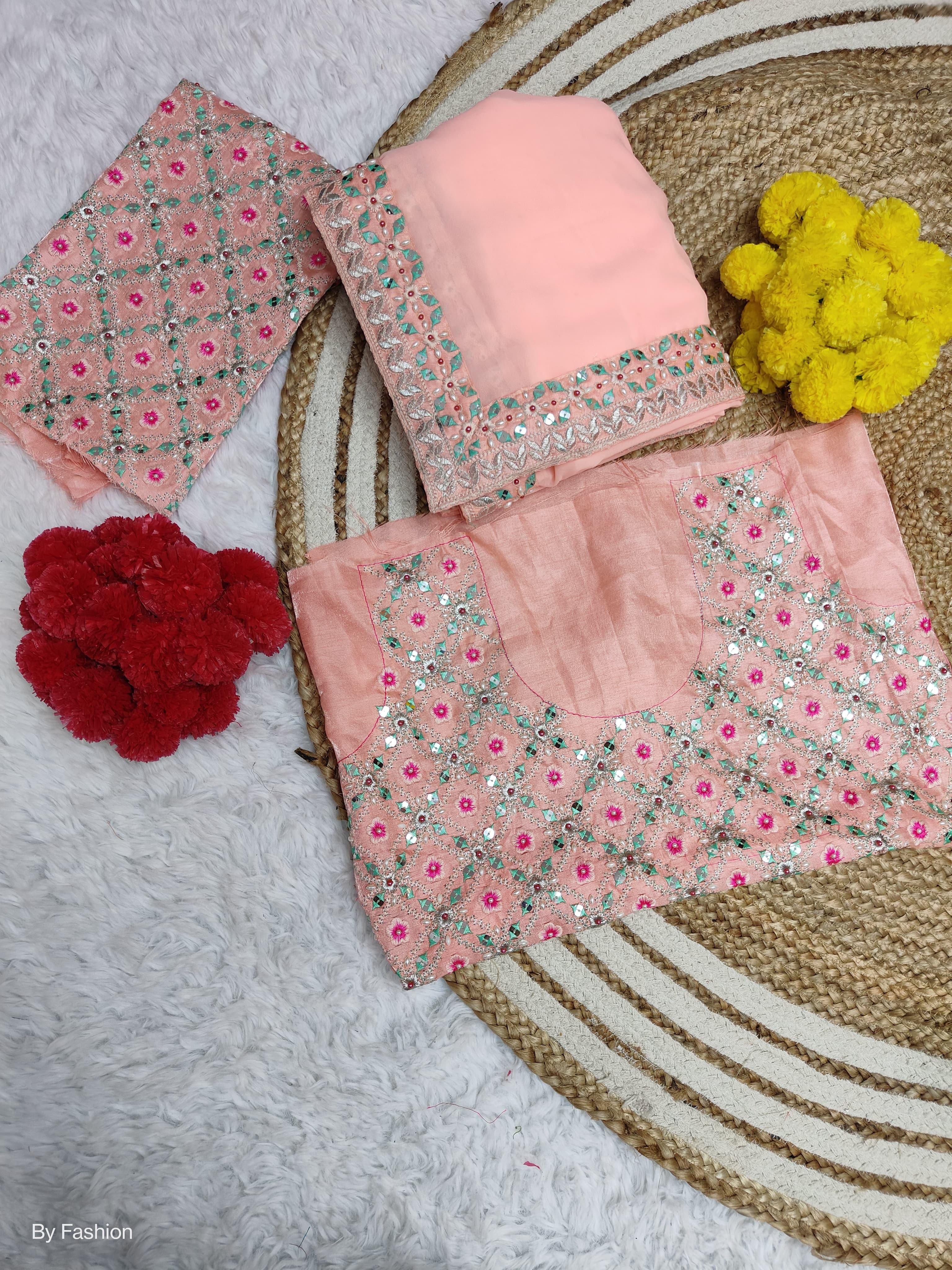 Peach Pink Embroidery work Saree