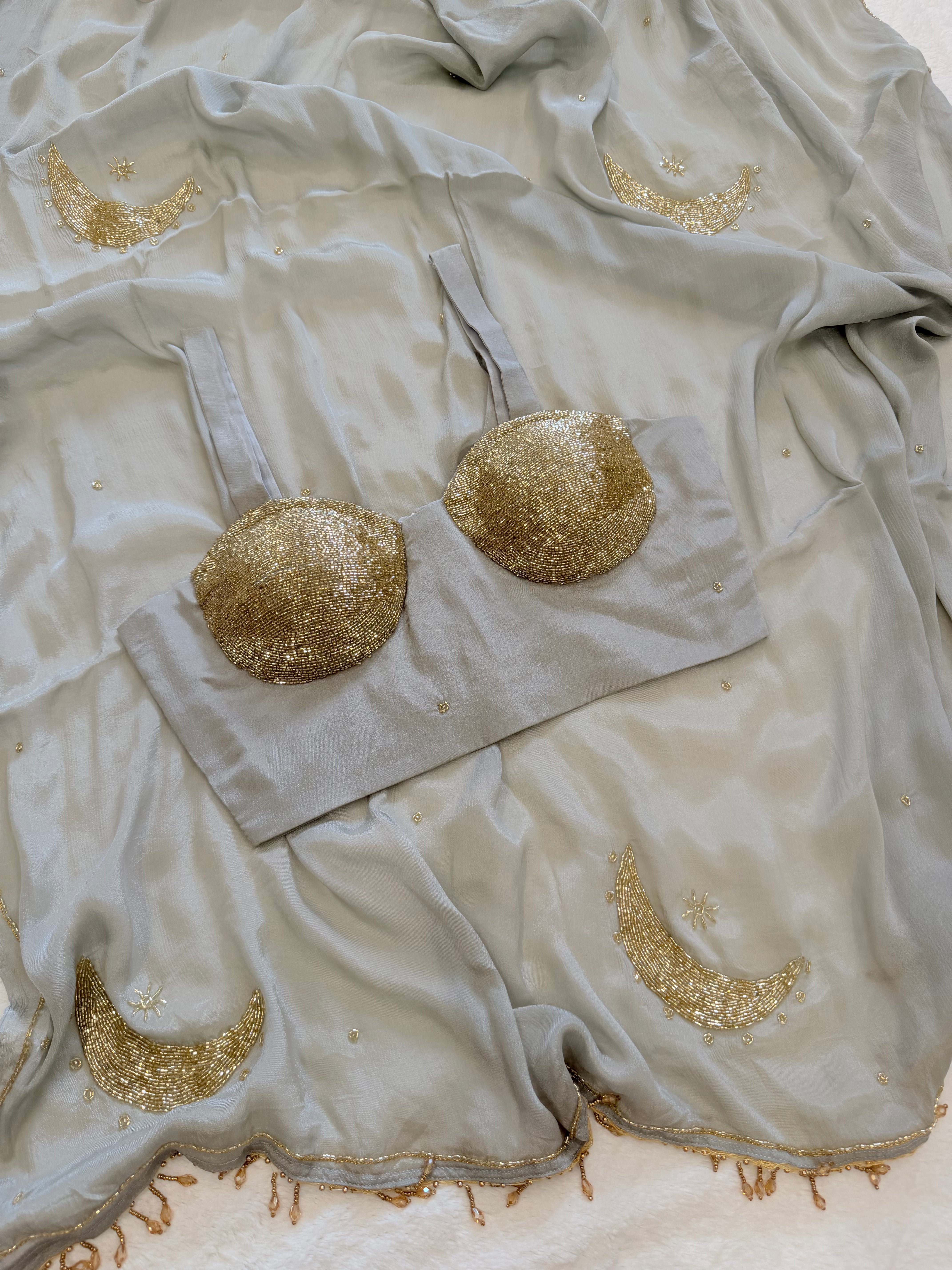 Kanika grey handwork saree