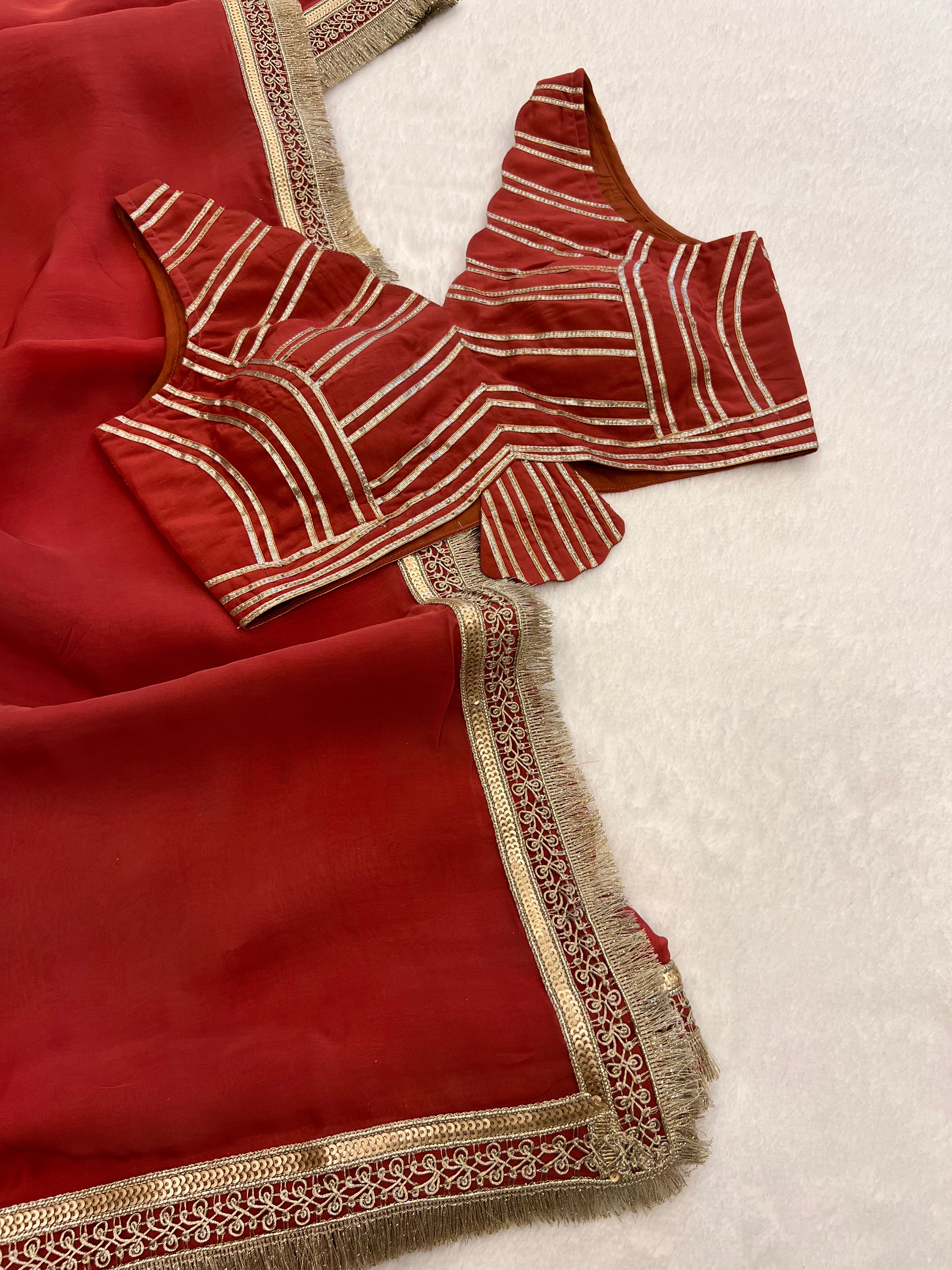 Gulnar Coral Red Organza Saree