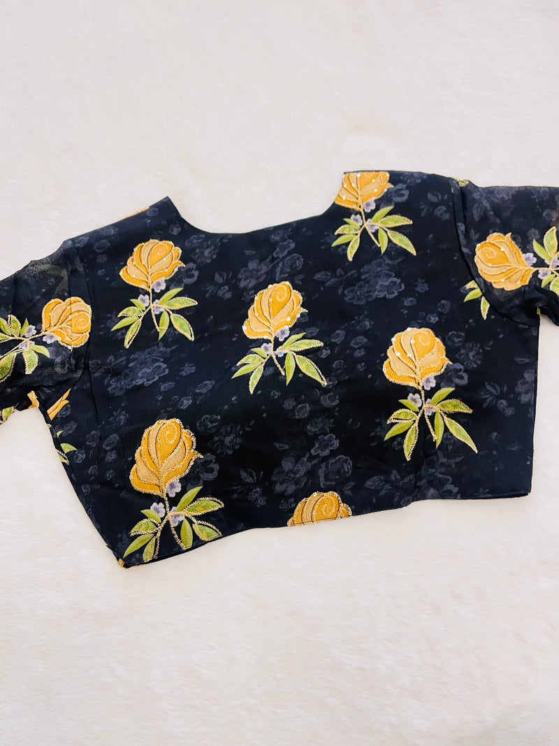 Black blouse online with yellow flowers