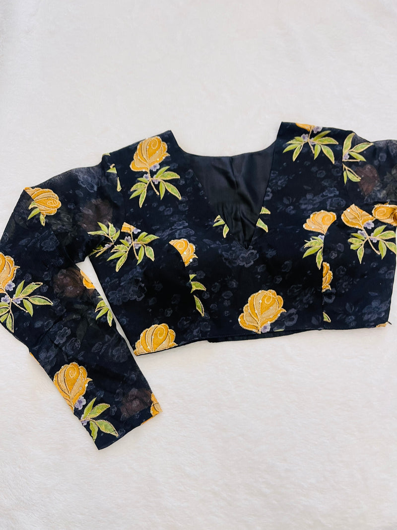 Black blouse with yellow flowers sales