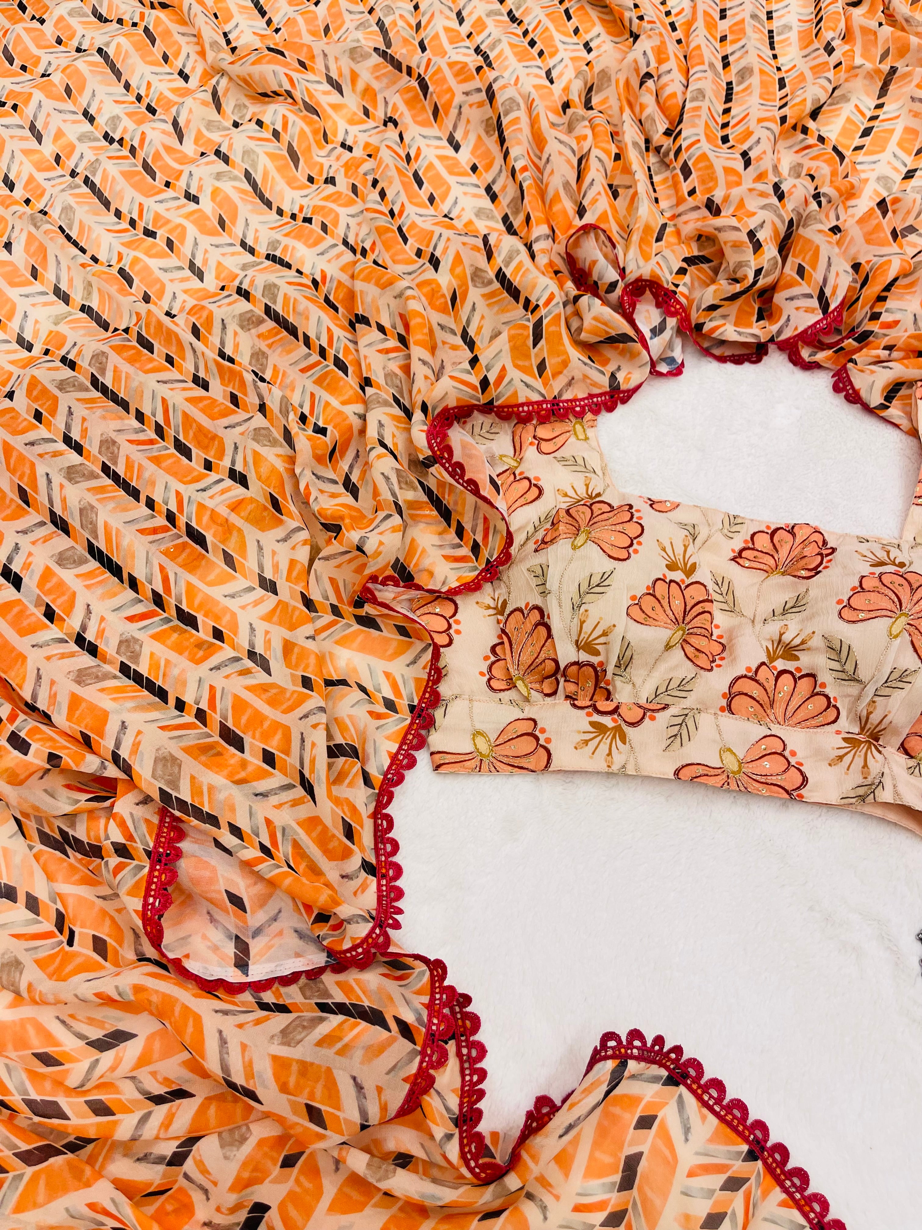 Rust multi color floral print georgette saree