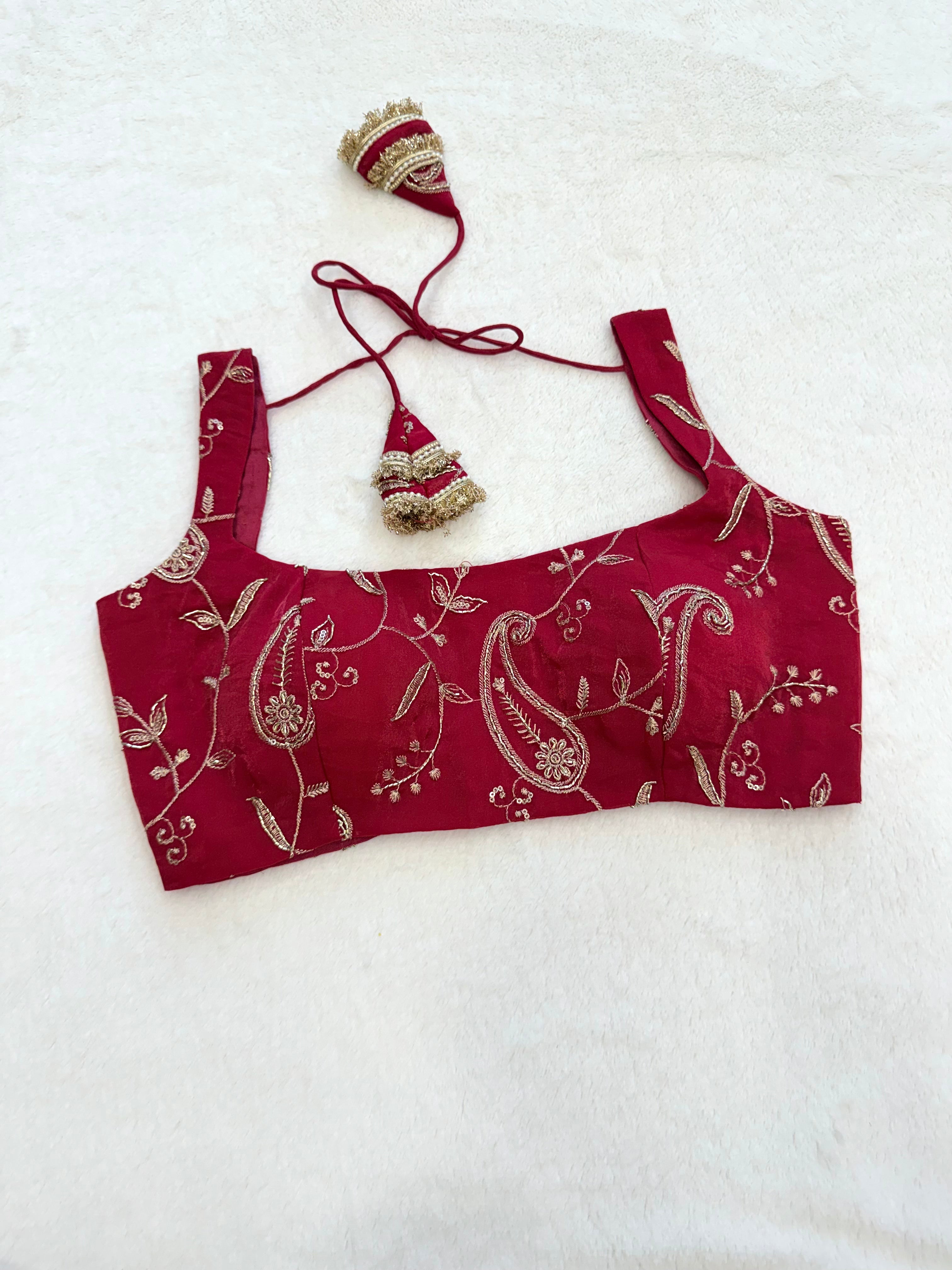 Pink organza padded boat neckline blouse 