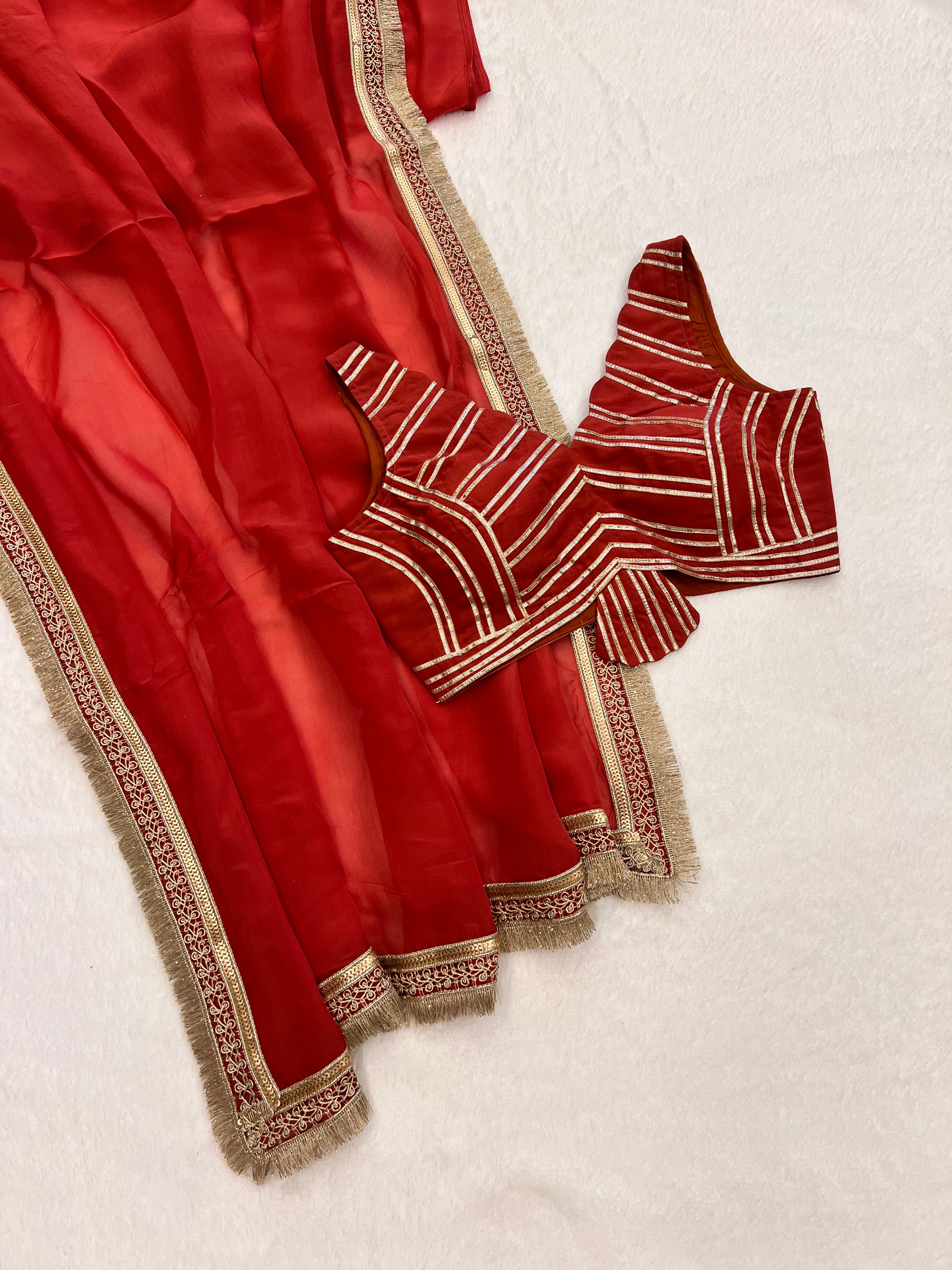Gulnar Coral Red Organza Saree