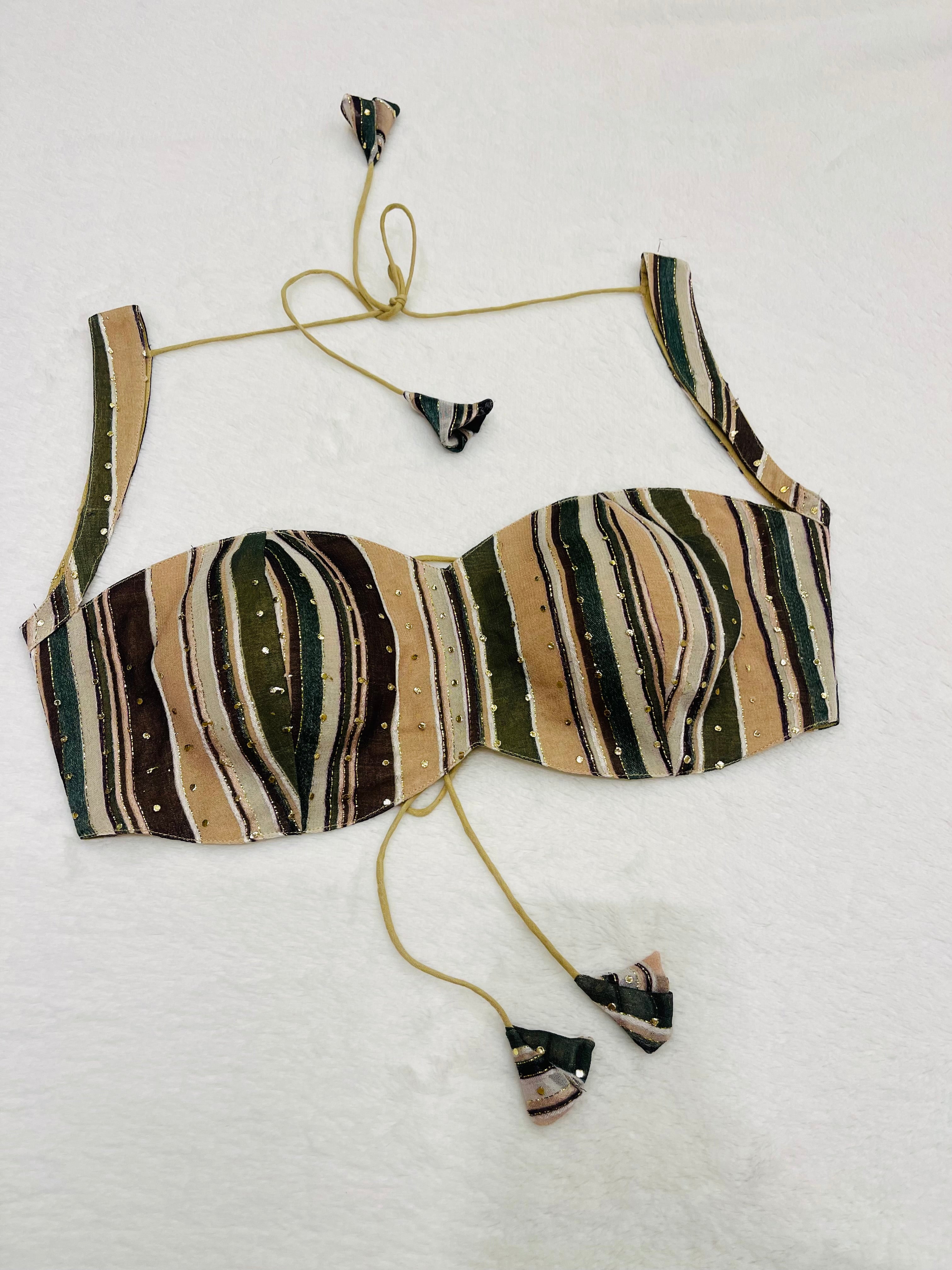 Beige chiffon sleeveless padded blouse with V-neck – fully stitched ethnic top on flat background