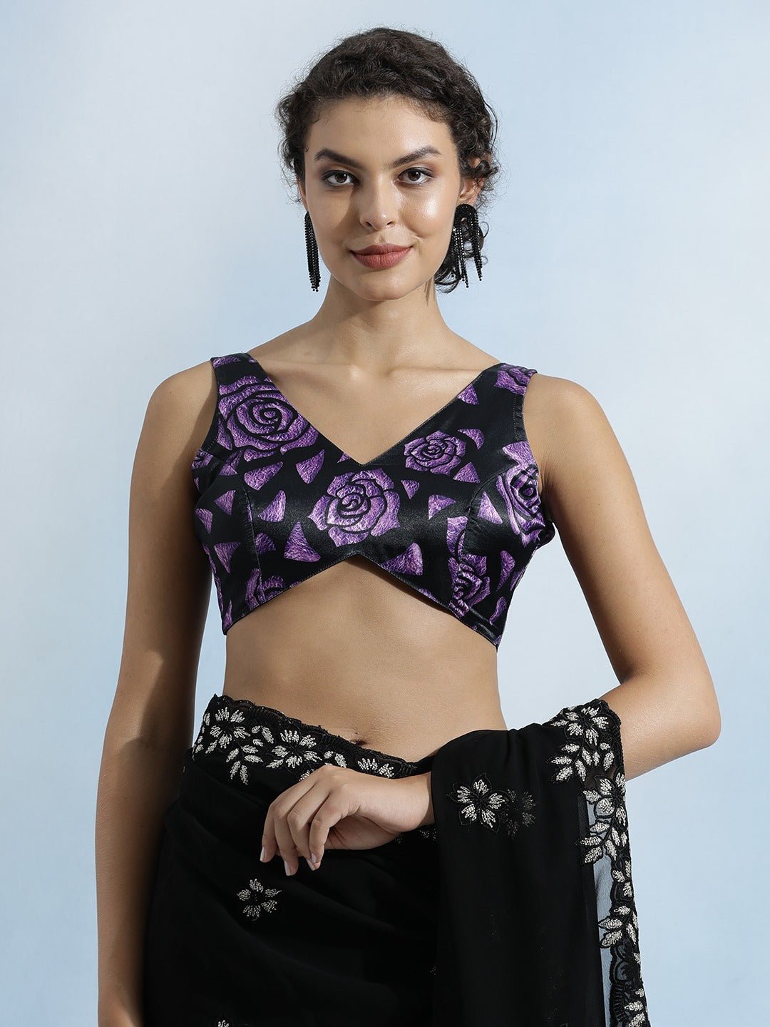 Women Black and purple digital fabric sleeveless padded V-neck fully stitched blouse