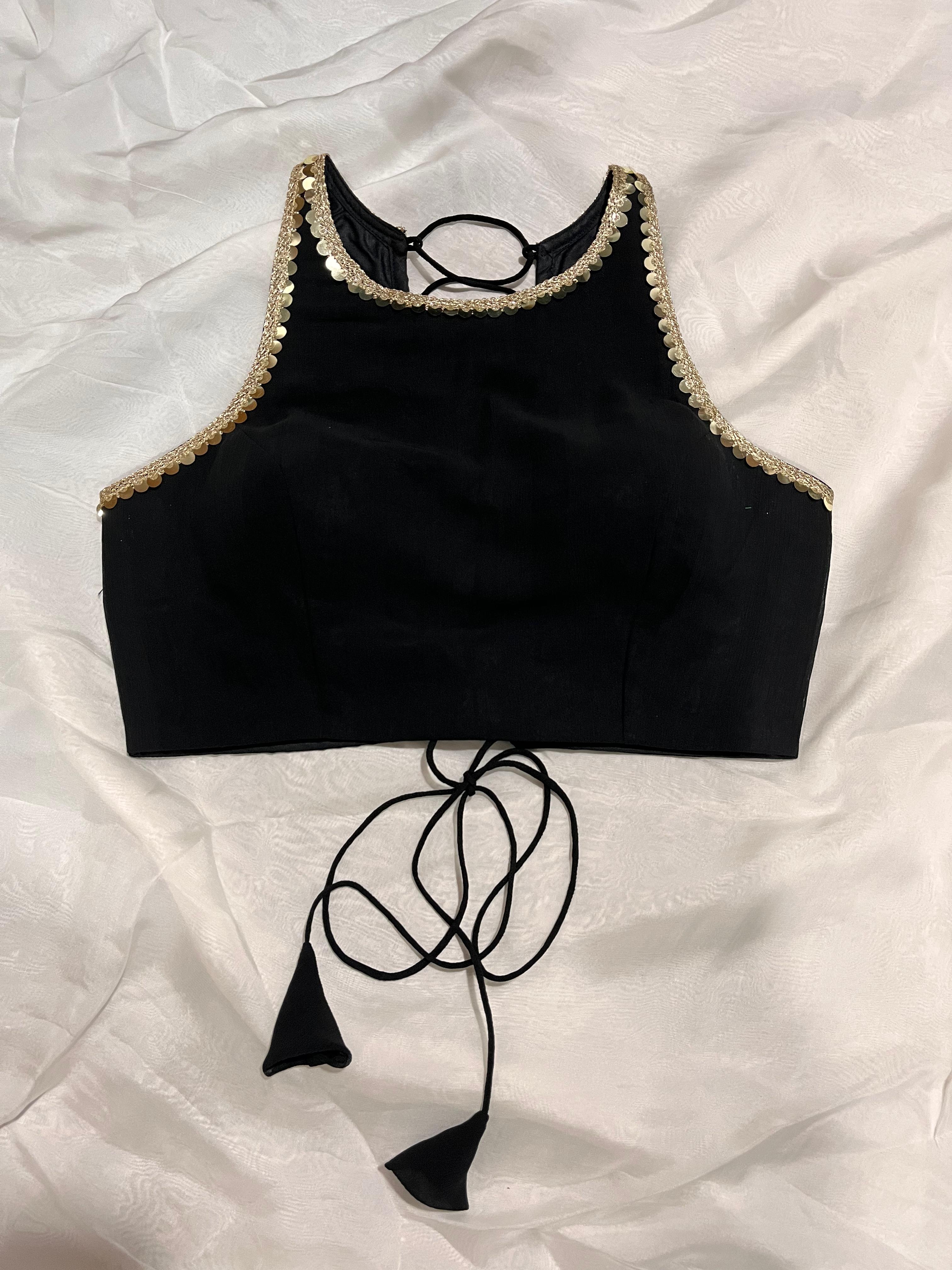 Black Rayon Sleeveless Blouse with Halter Neck and Padded Cups