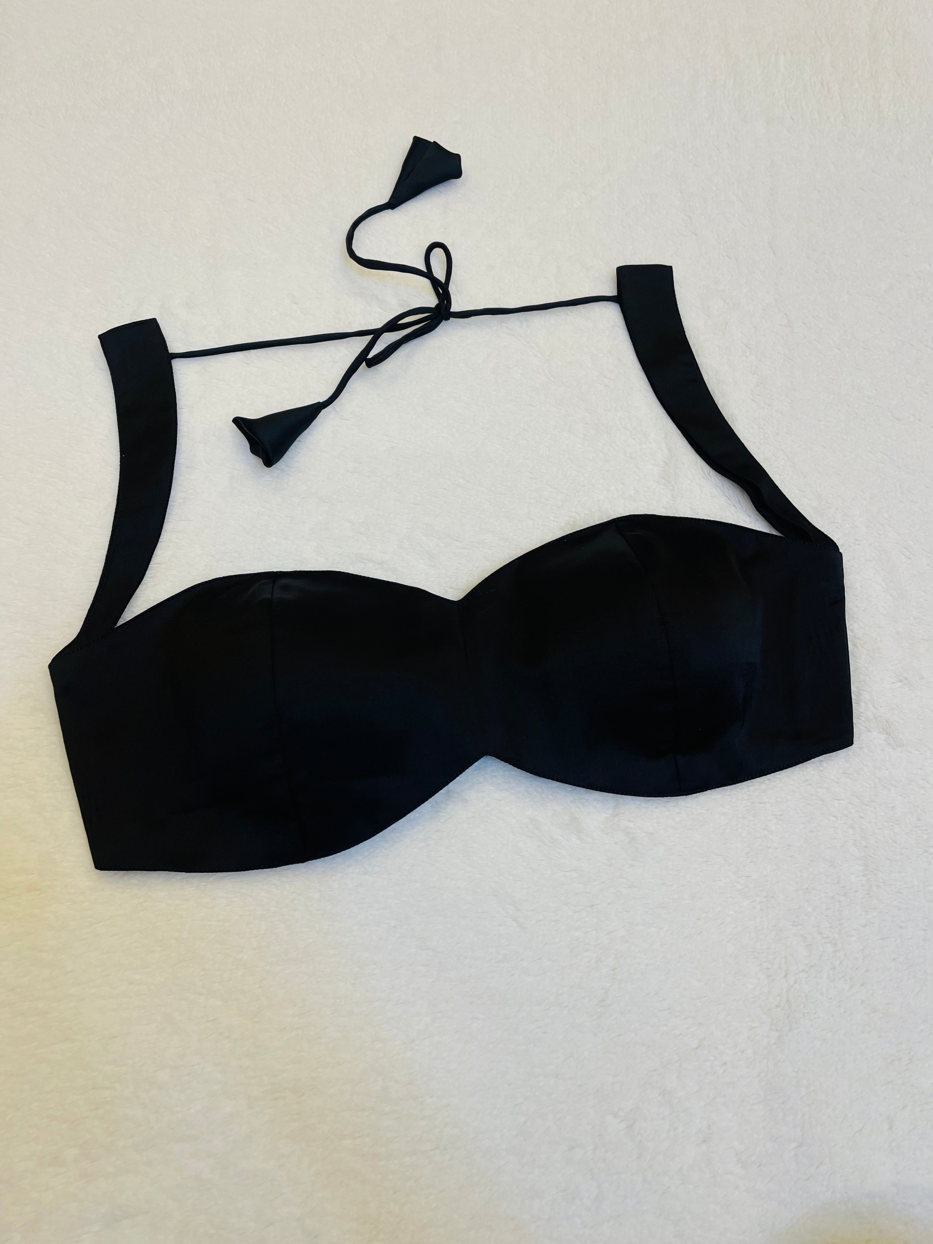 Black Satin Fully Stitched Padded Sleeveless Sweetheart Neck Blouse for Women