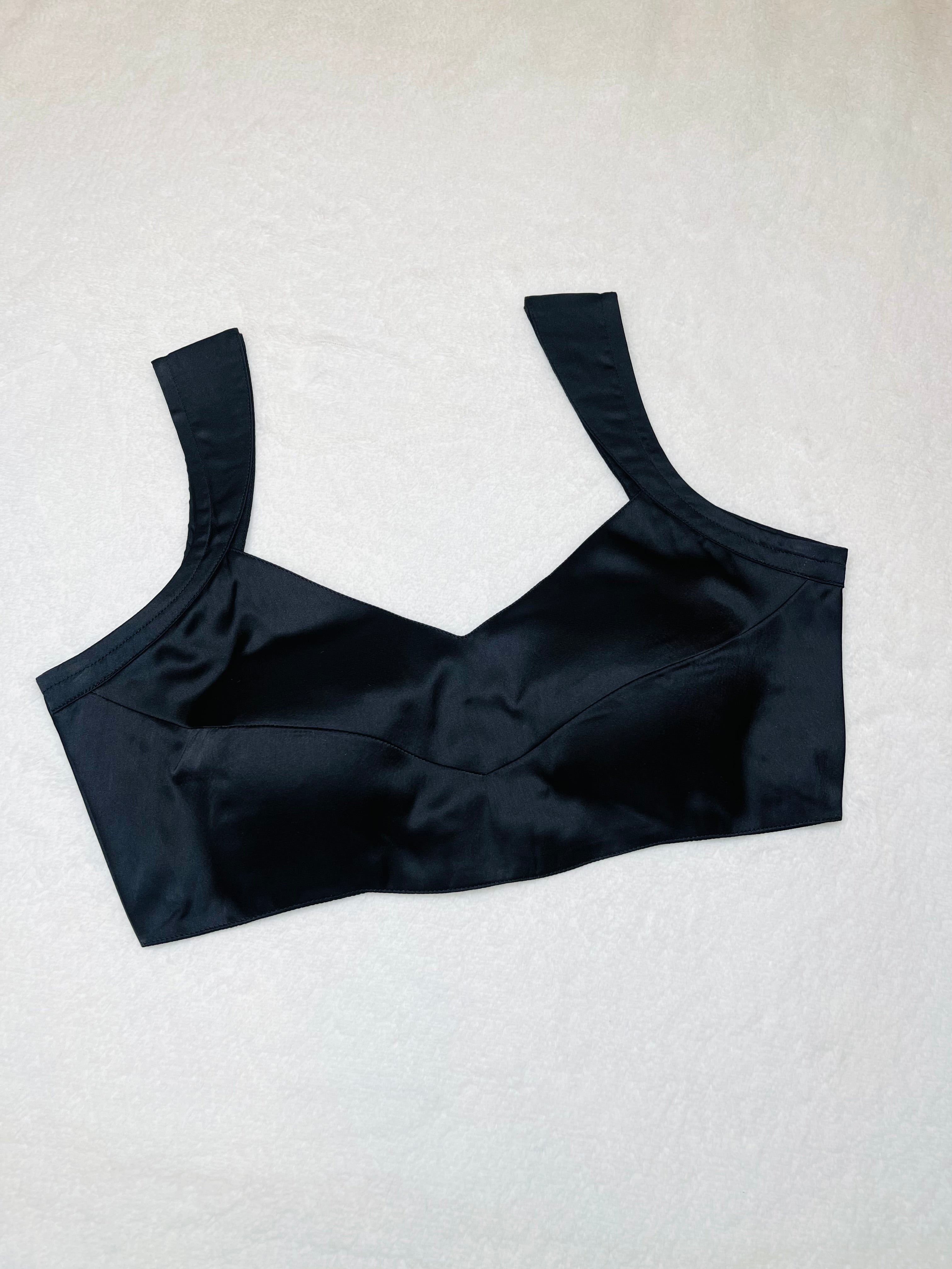 Black satin sleeveless blouse with padded cups and sweetheart neckline – fully stitched ethnic wear top