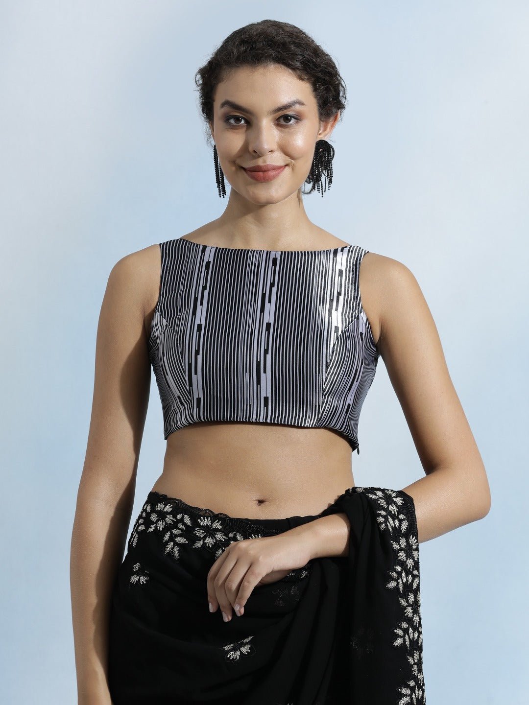 Black silk base sleeveless blouse with padded cups and boat neck design