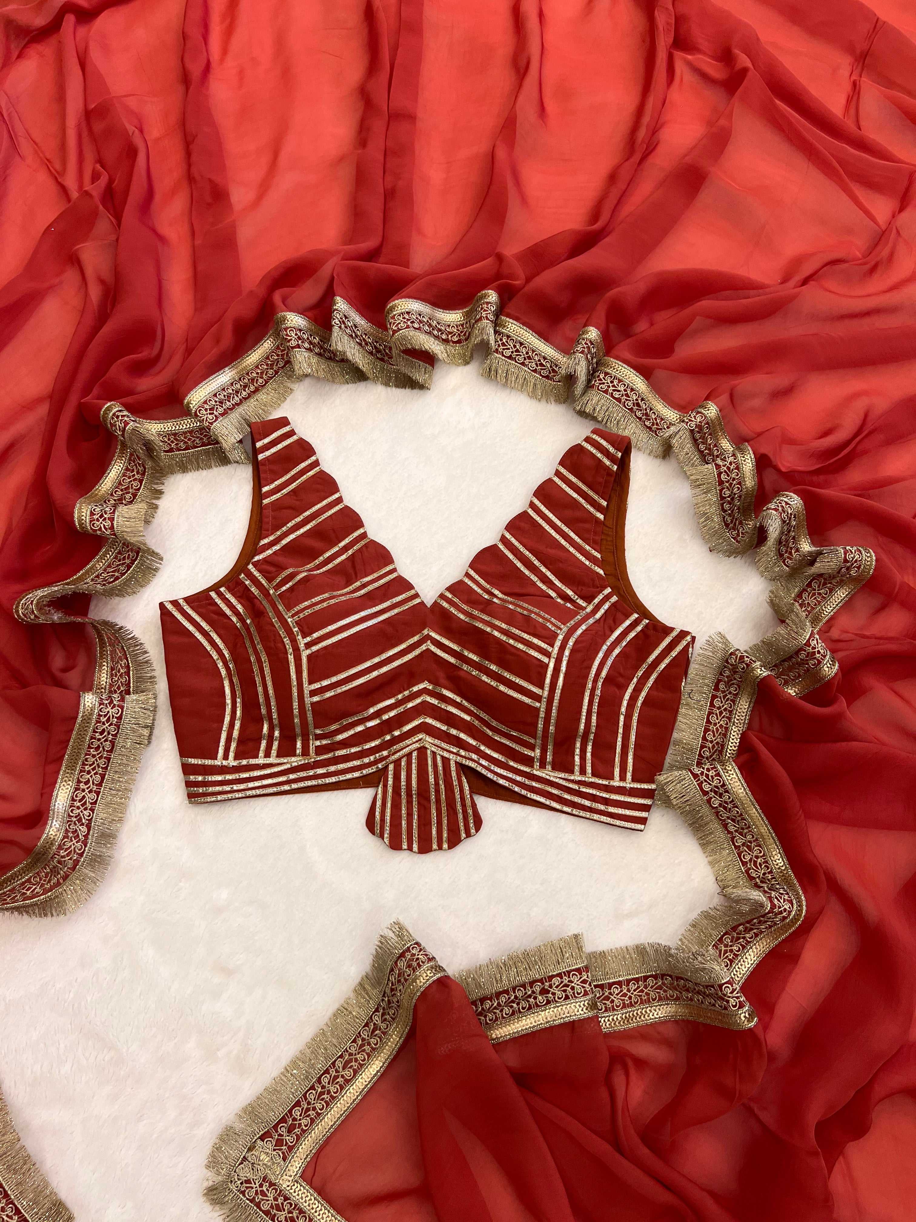 Gulnar Coral Red Organza Saree