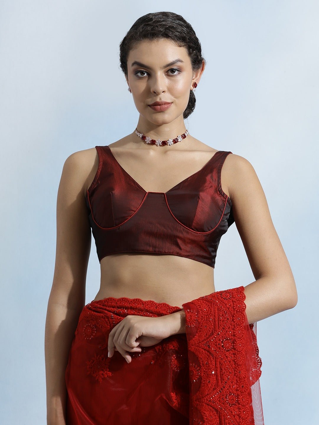 Dual shade maroon cotton silk sleeveless blouse with padded cups and V-neck design