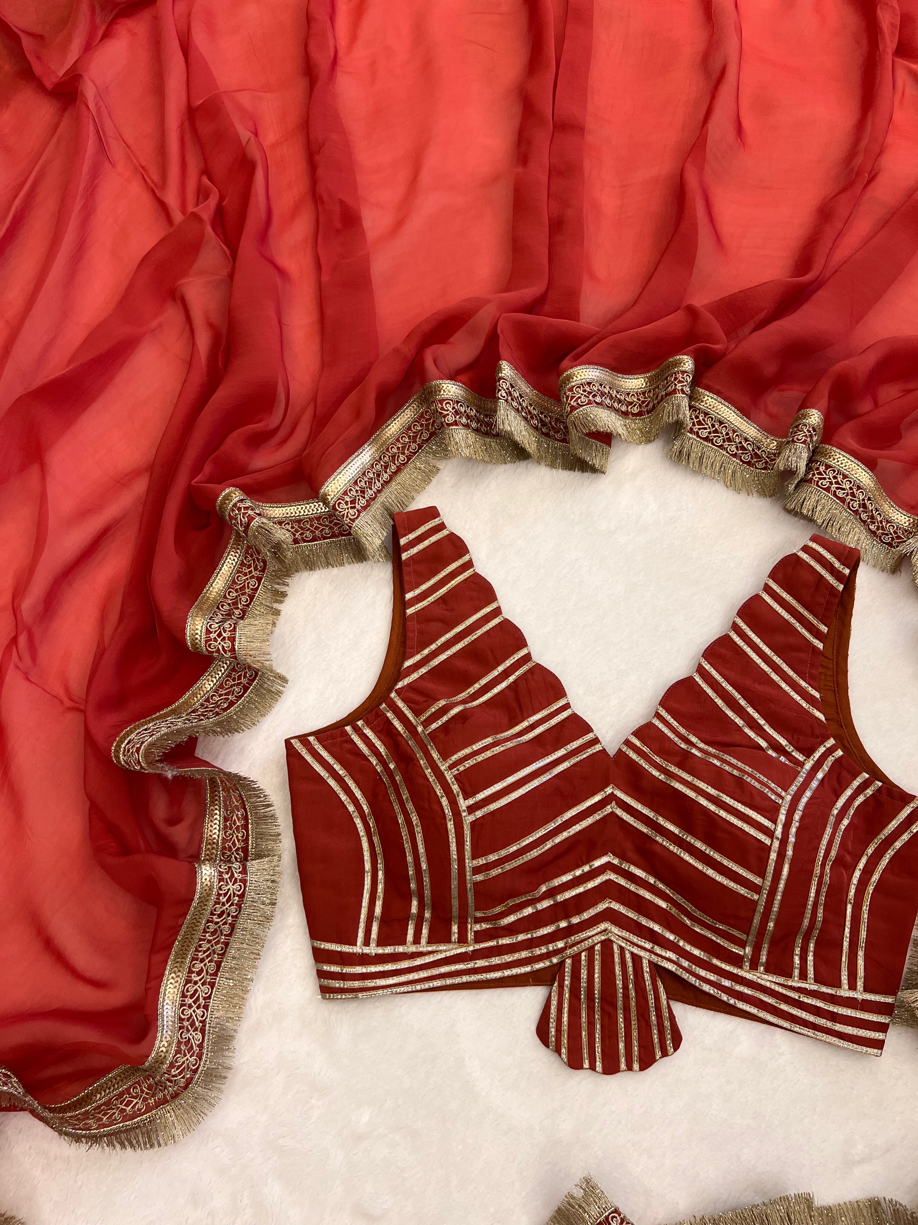 Gulnar Coral Red Organza Saree