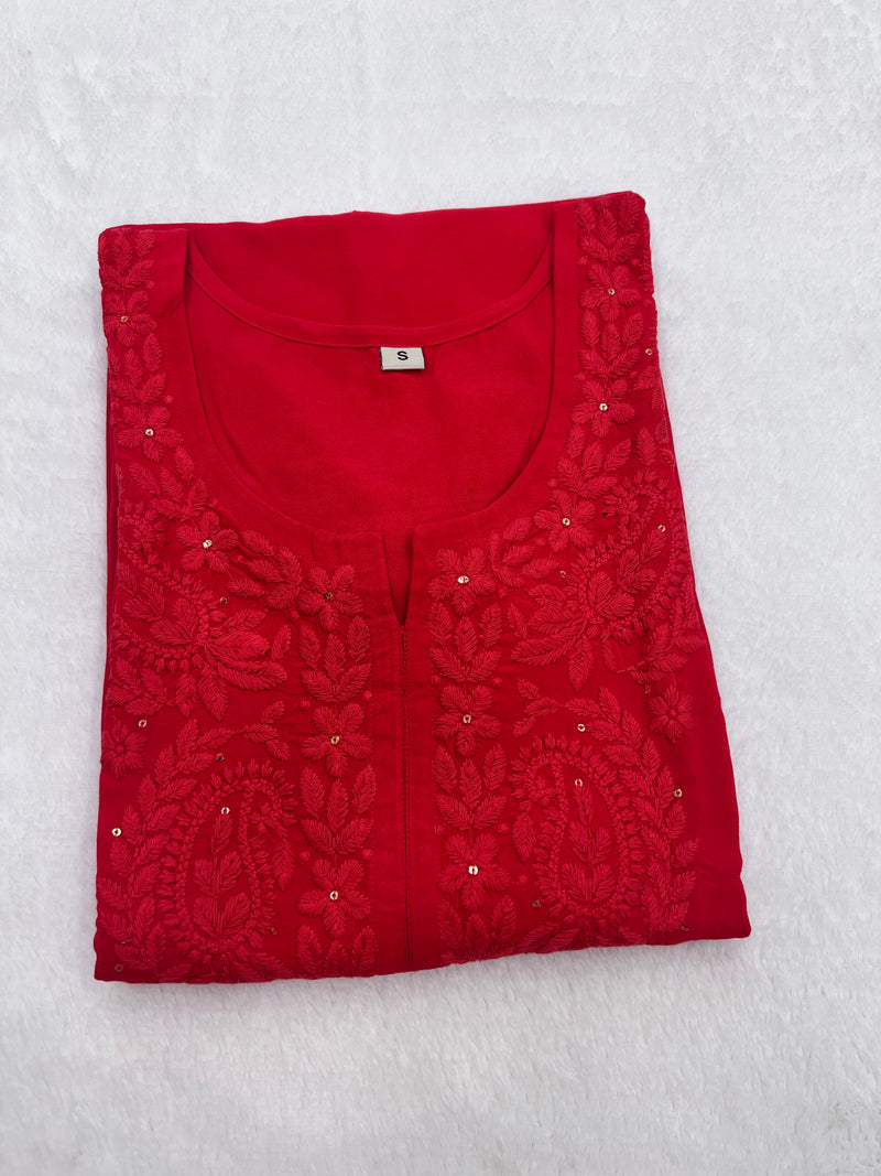 Khubsoorat Red Rayon Embroidered Kurti