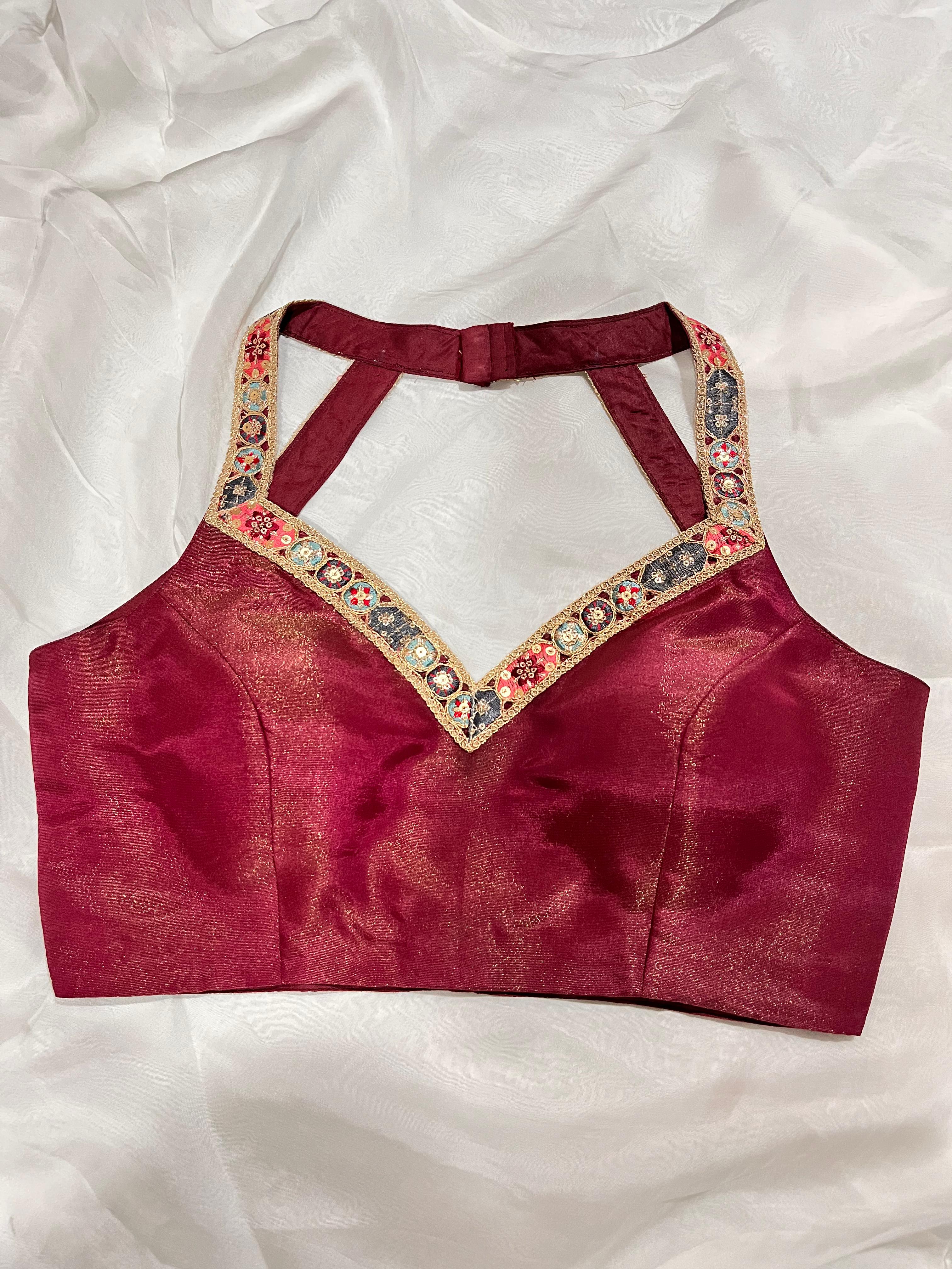 Magenta Pink Tissue Silk V-Neck Sleeveless Blouse with Padded Cups