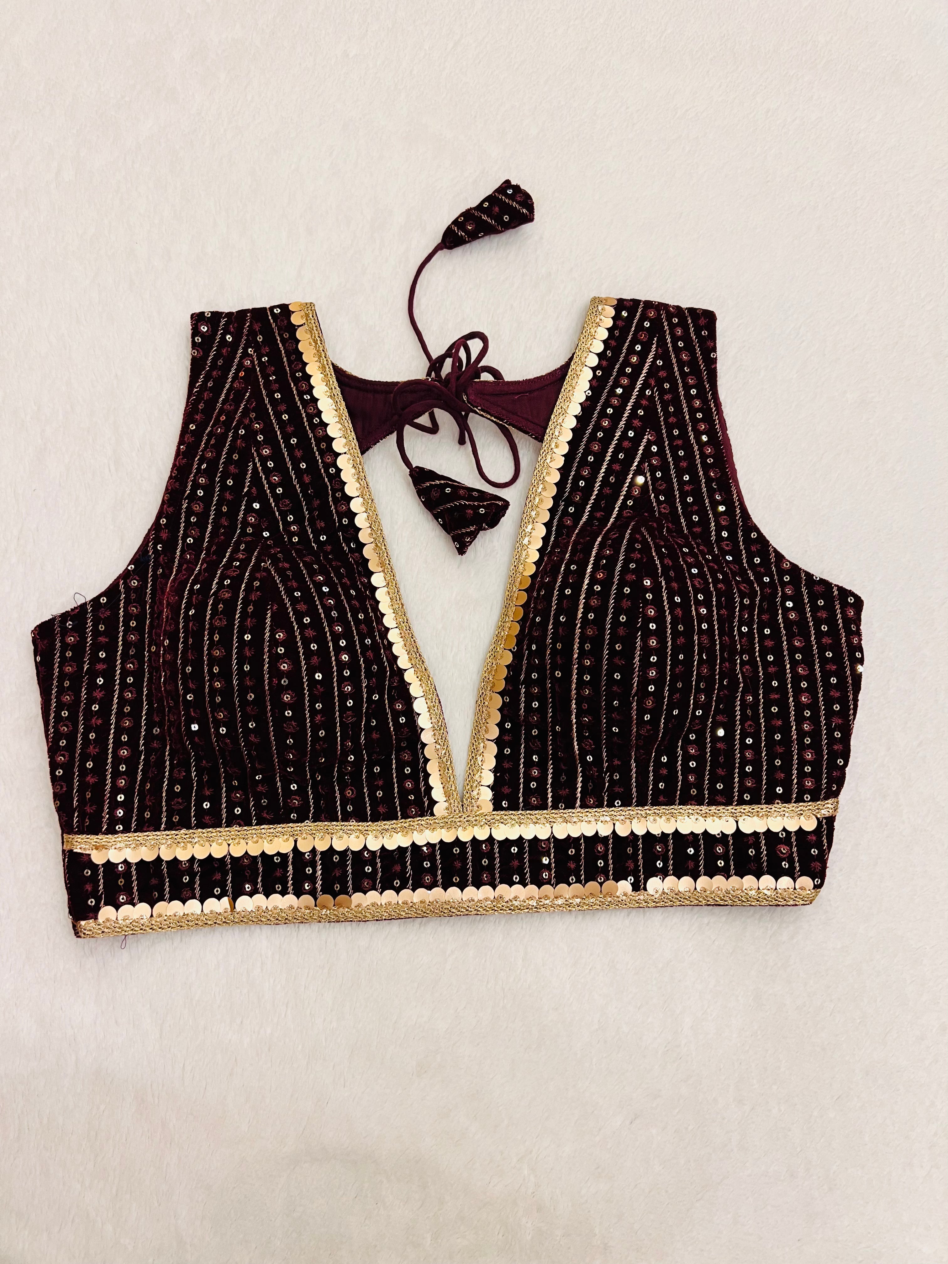 Maroon velvet sleeveless V-neck padded blouse
