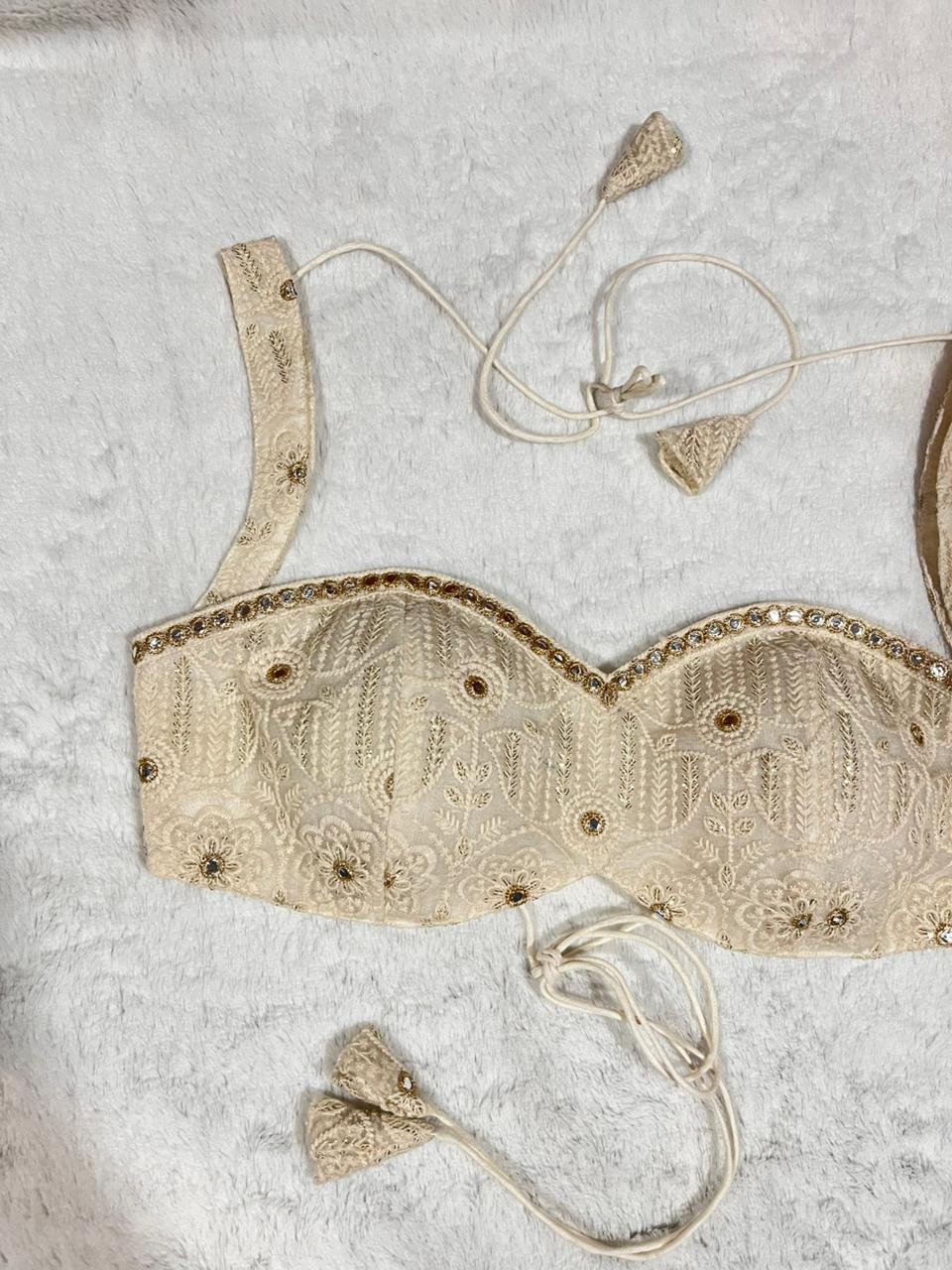 Off-White Organza Sleeveless Blouse with Sweetheart Neck and Padded Cups