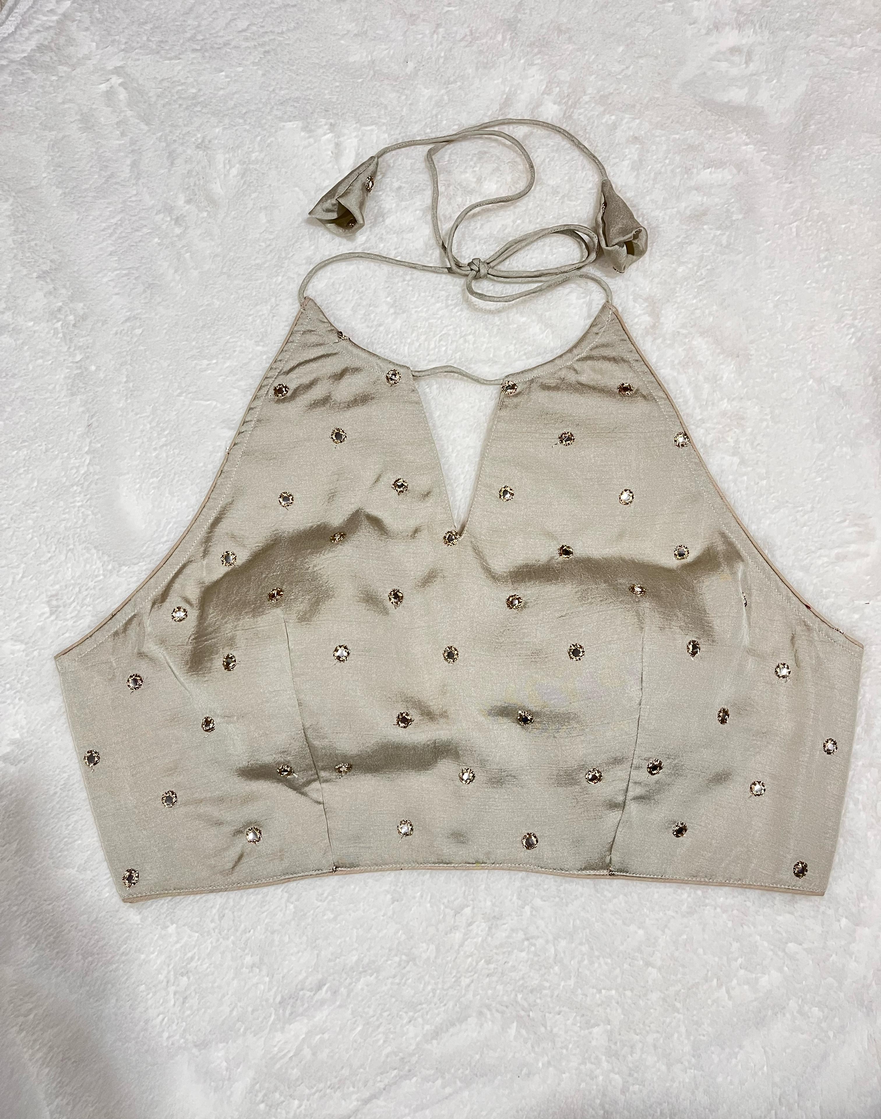 Off-White Silk Mirror Work Sleeveless Halter Neck Keyhole Dress