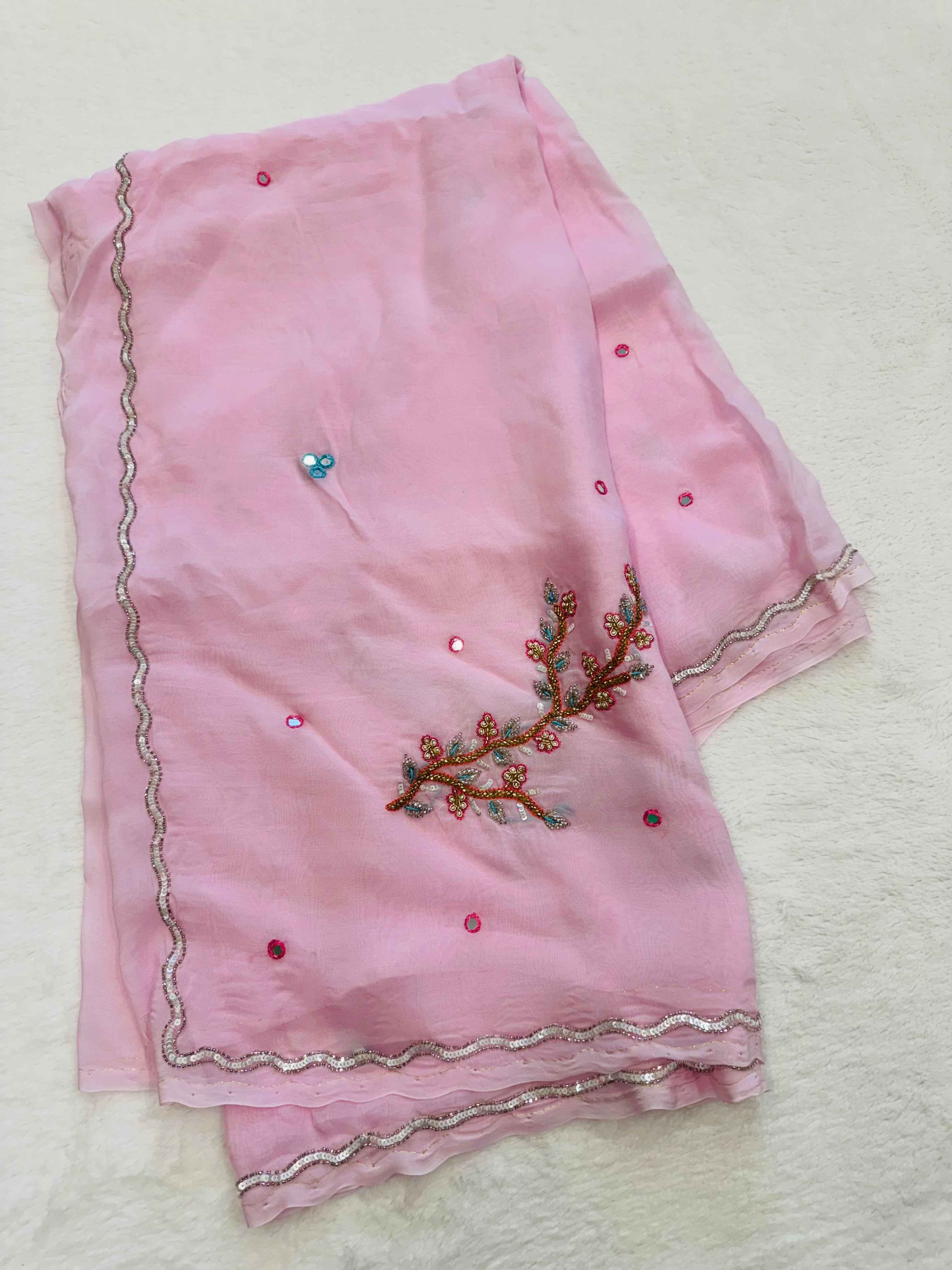 Organza saree in baby pink blouse color – lightweight elegant drape