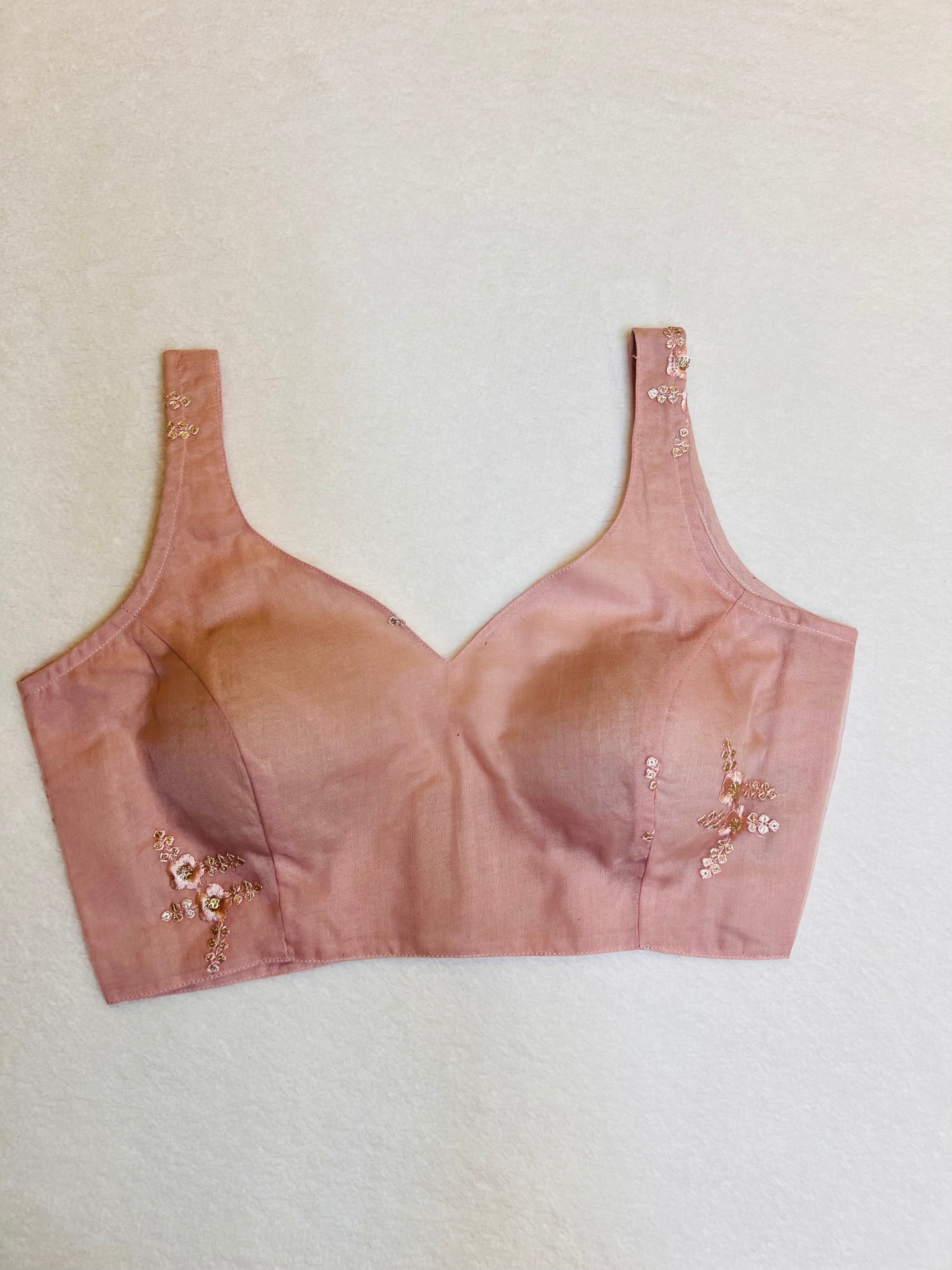 Pink organza sleeveless padded blouse with sweetheart neckline – fully stitched ethnic top on flat background