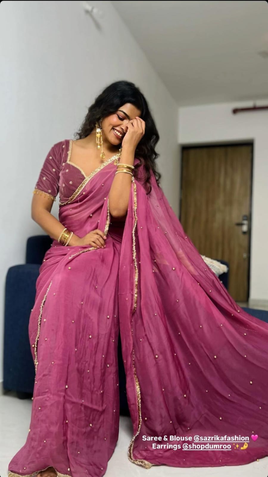 “Antique pearl embroidered organza saree by Sazrika”