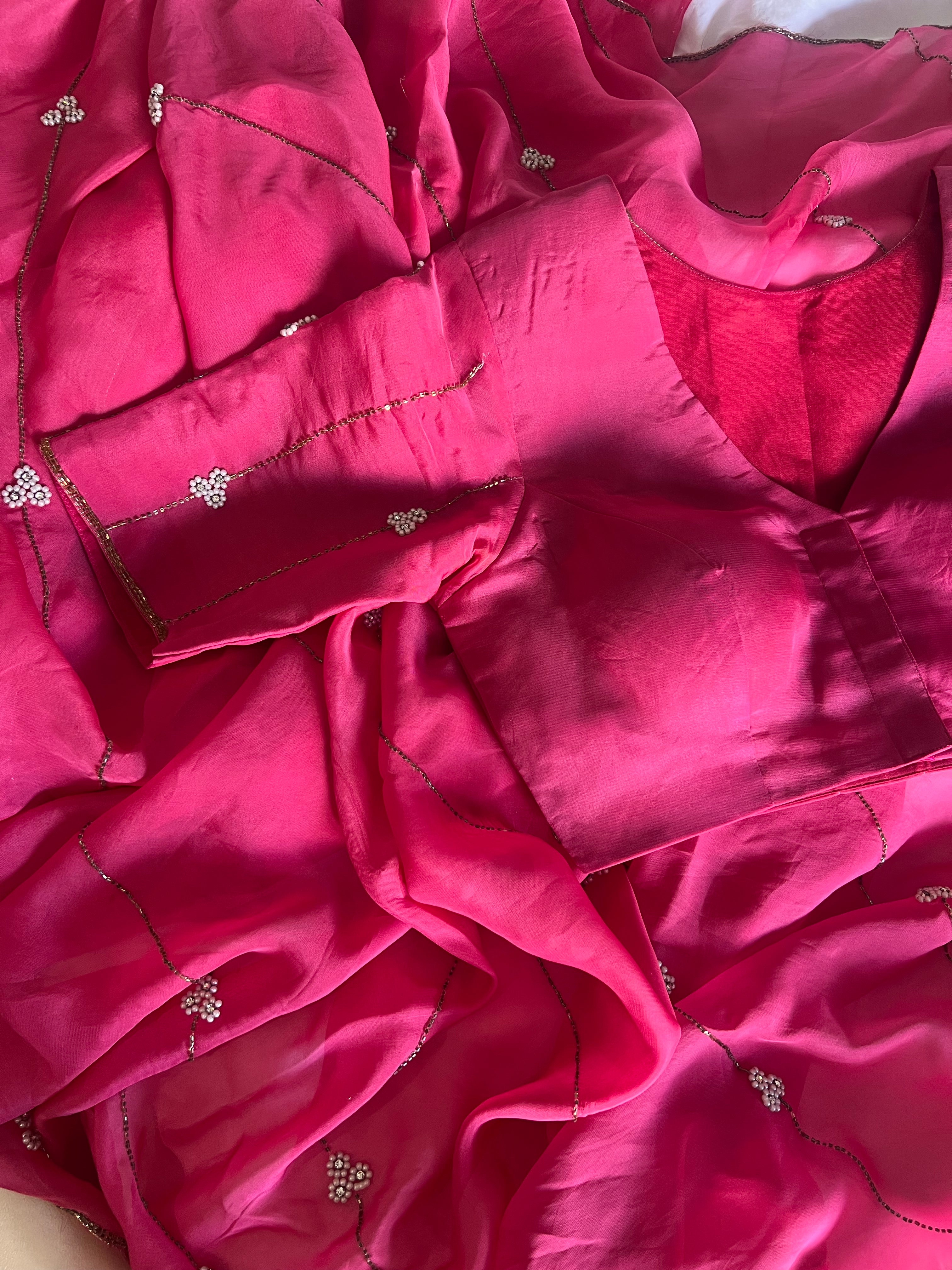 Pink organza saree with matching blouse