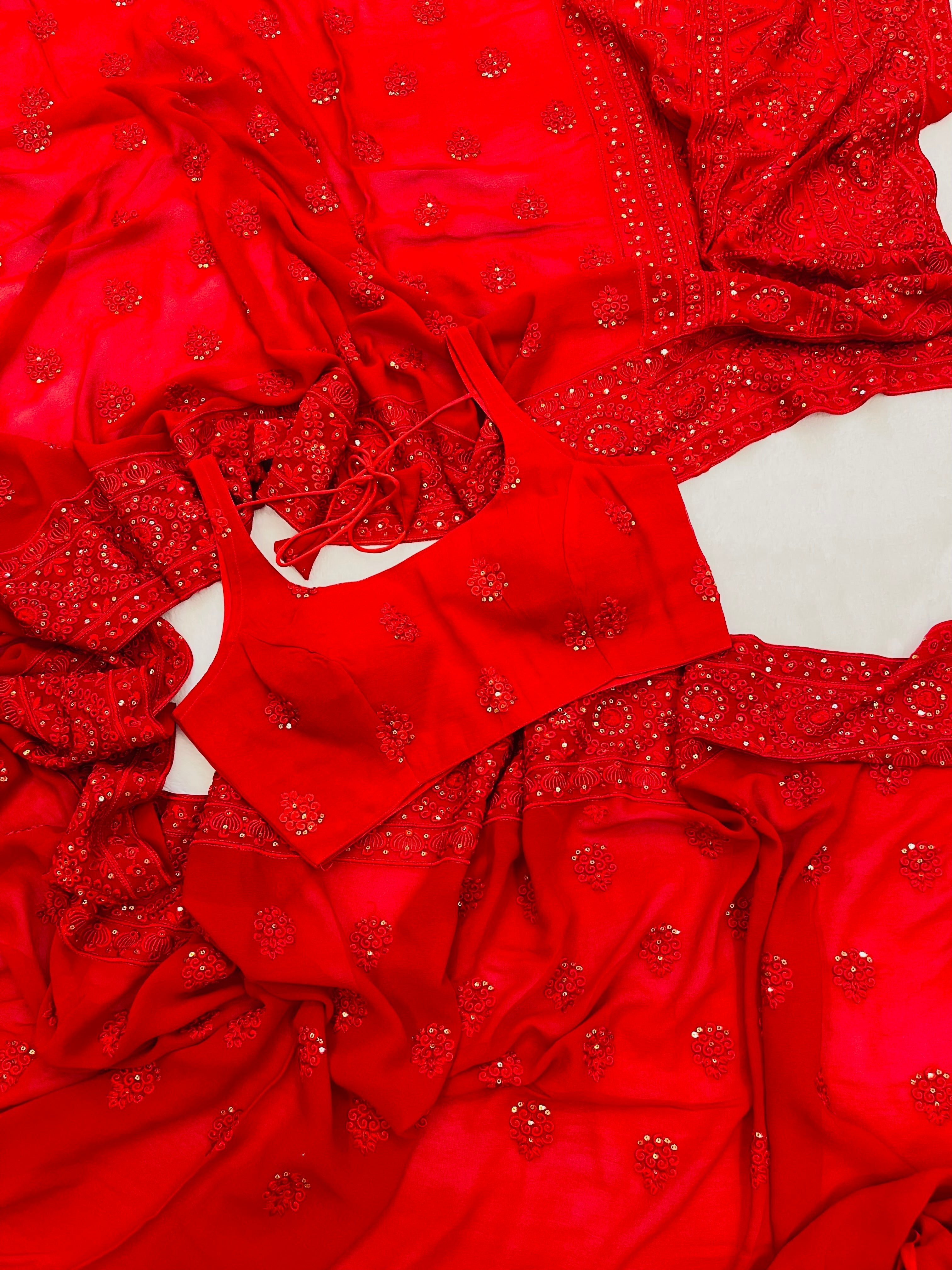 Pure georgette hand-dyed red embroidered saree with stitched blouse